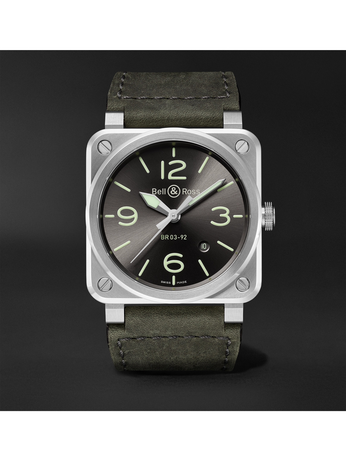 BR 03-92 Grey Lum Automatic 42mm Stainless Steel and Leather Watch, Ref. No. BR0392-GC3-ST/SCA