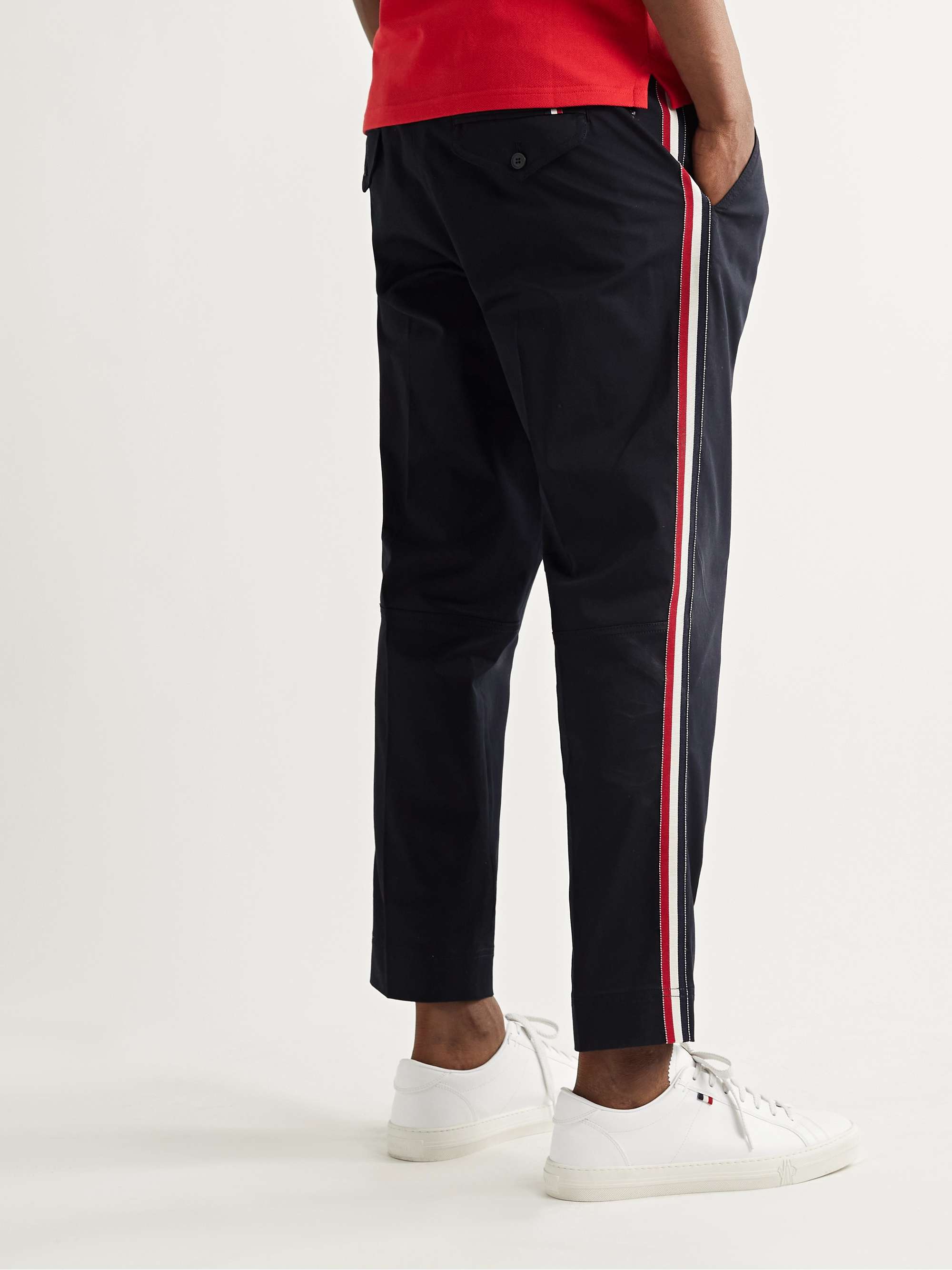 MONCLER Tapered Grosgrain-Trimmed Stretch-Cotton Twill Trousers
