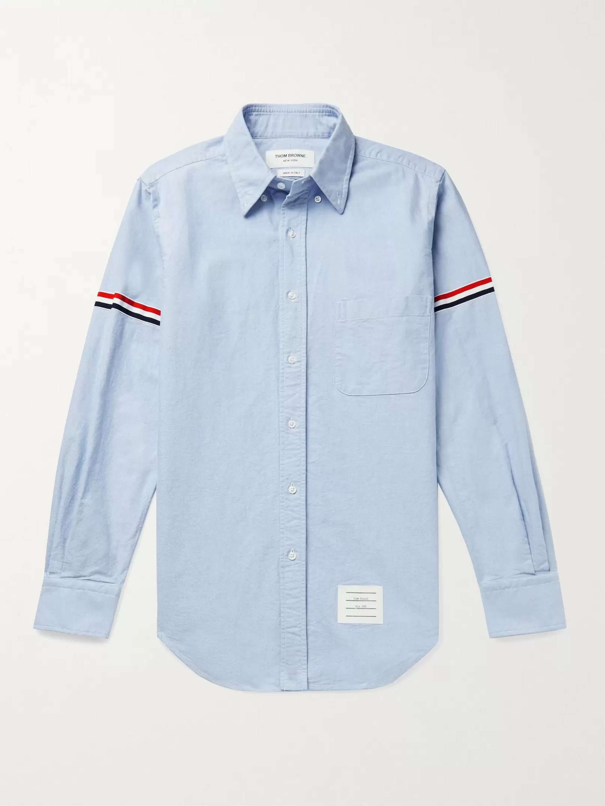 THOM BROWNE Button-Down Collar Striped Grosgrain-Trimmed Cotton Oxford Shirt