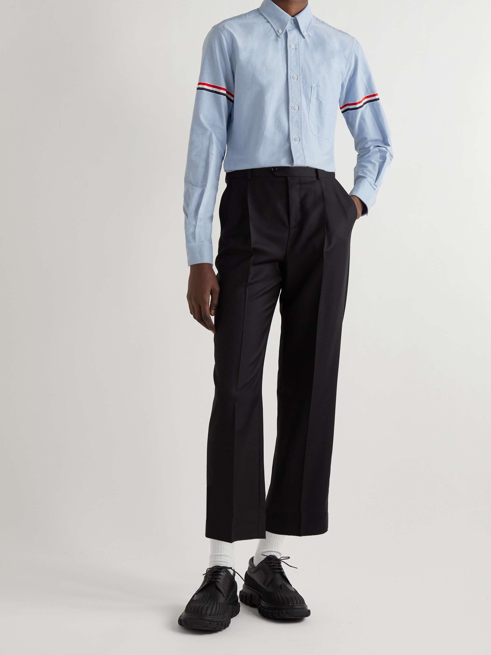 THOM BROWNE Button-Down Collar Striped Grosgrain-Trimmed Cotton-Oxford Shirt