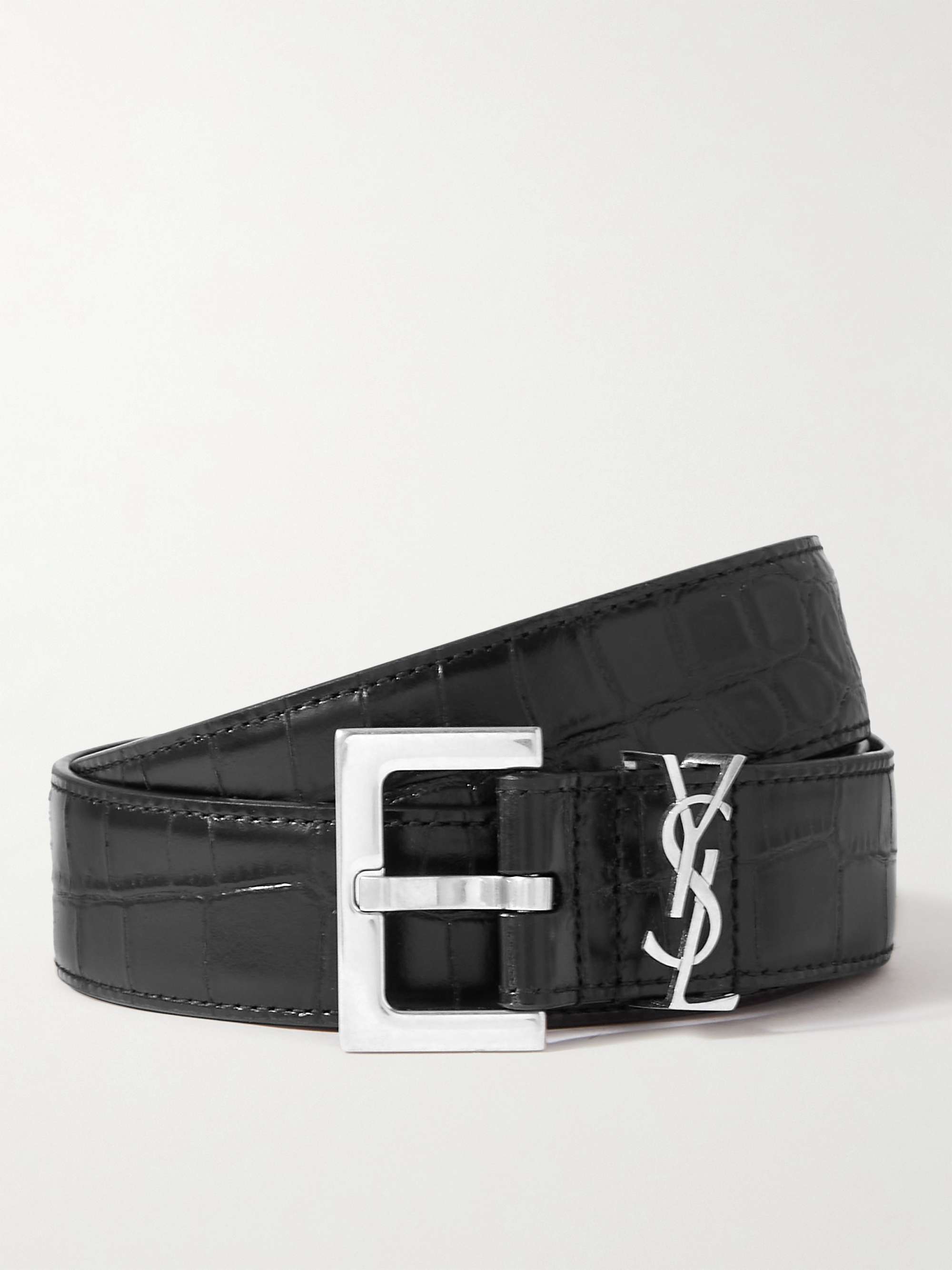 Womens Accessories Belts Saint Laurent Croc-effect Leather Belt in Black 