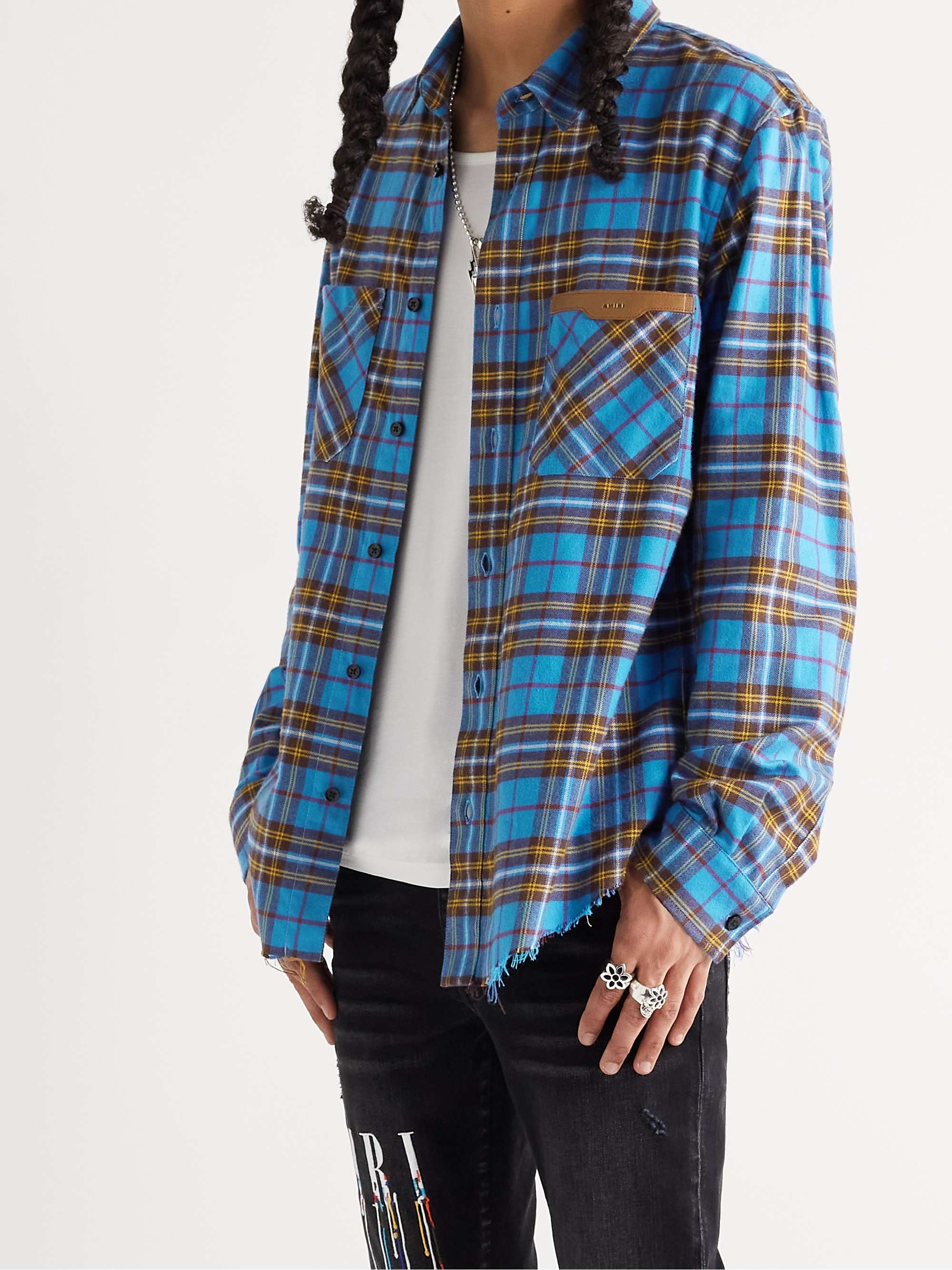 AMIRI Leather-Trimmed Frayed Checked Cotton-Flannel Shirt
