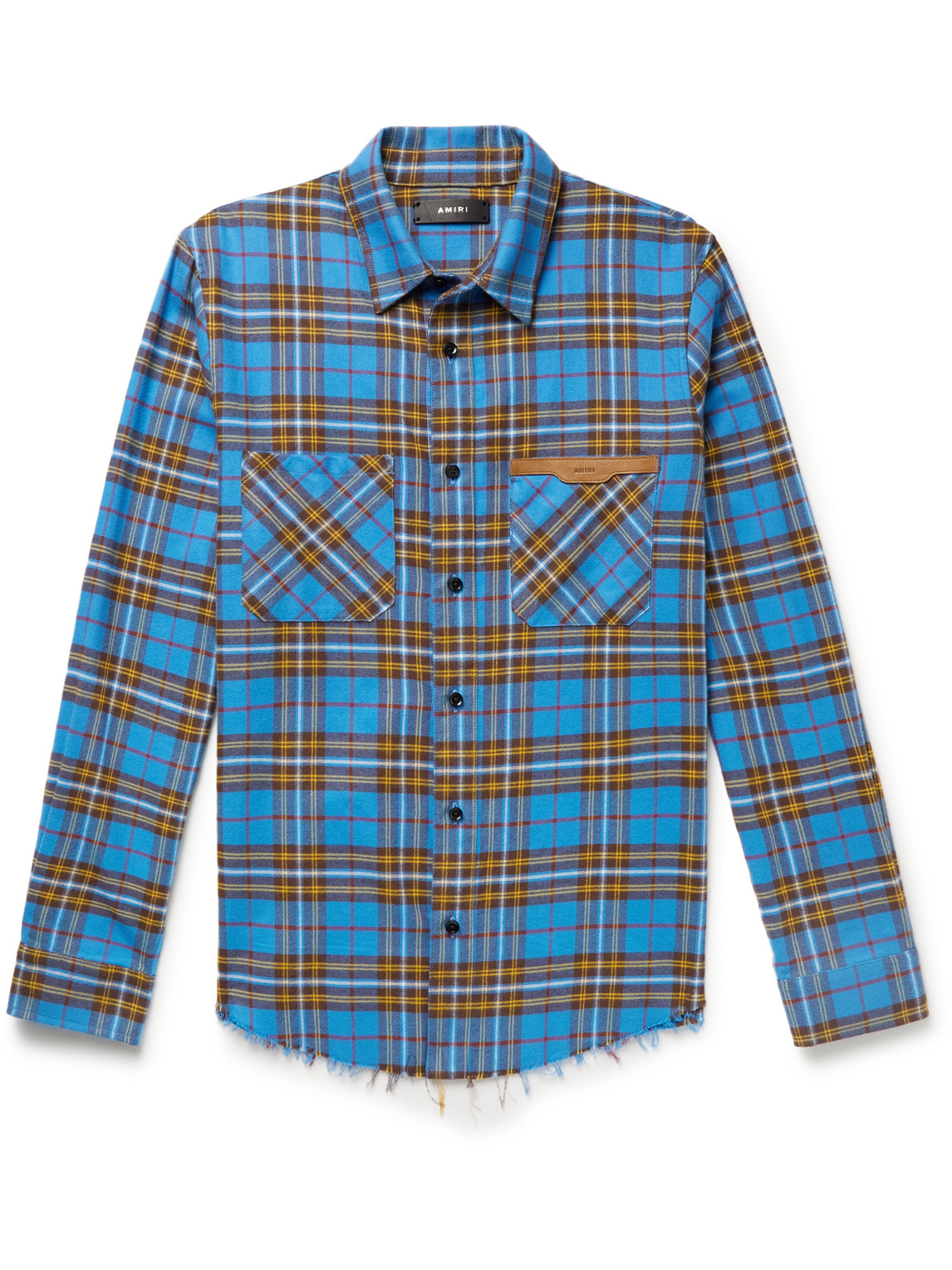 Leather-Trimmed Frayed Checked Cotton-Flannel Shirt