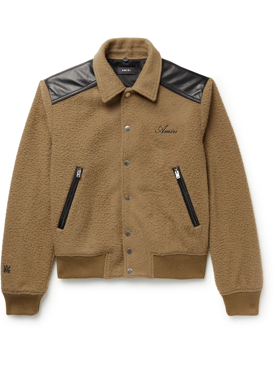 Leather-Trimmed Logo-Embroidered Boiled Wool-Blend Bomber Jacket