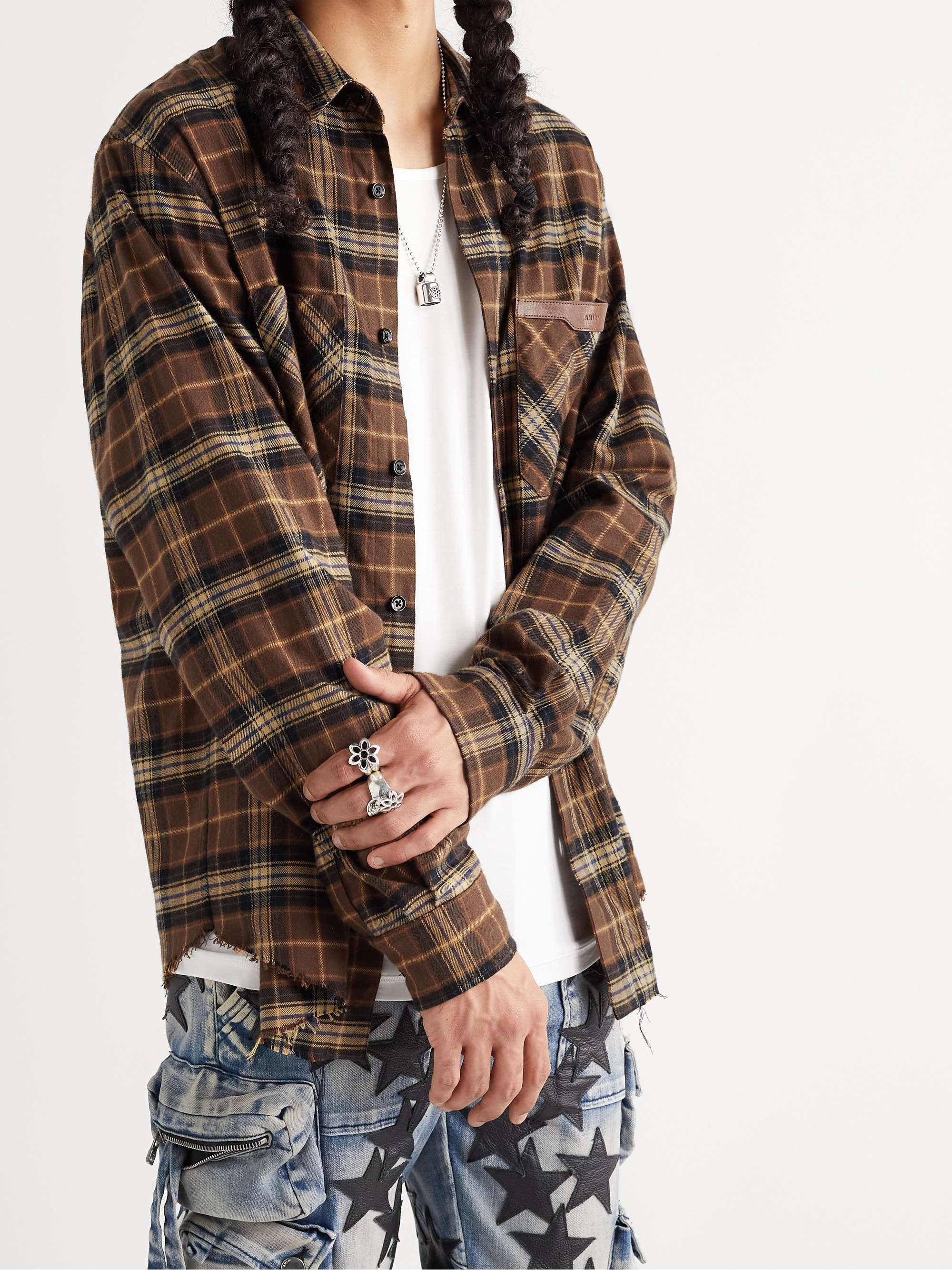 Leather-Appliquéd Checked Cotton-Flannel Shirt