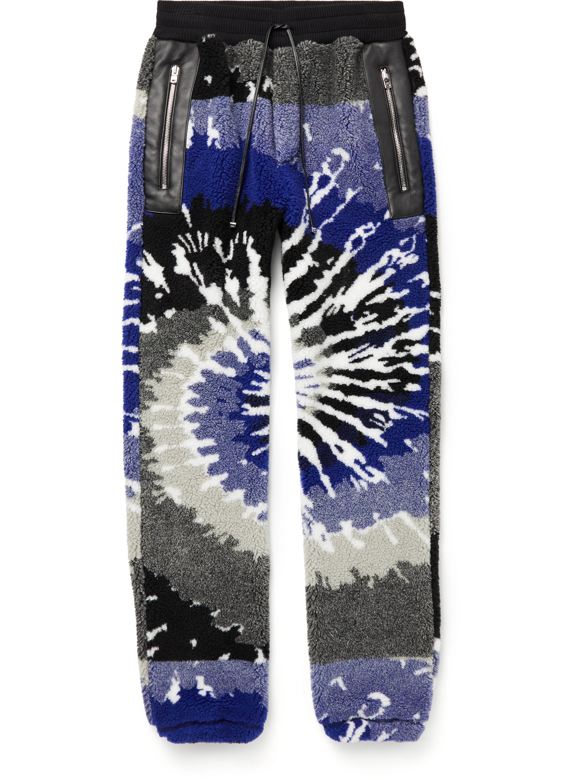 Tapered Leather-Trimmed Tie-Dyed Fleece Sweatpants