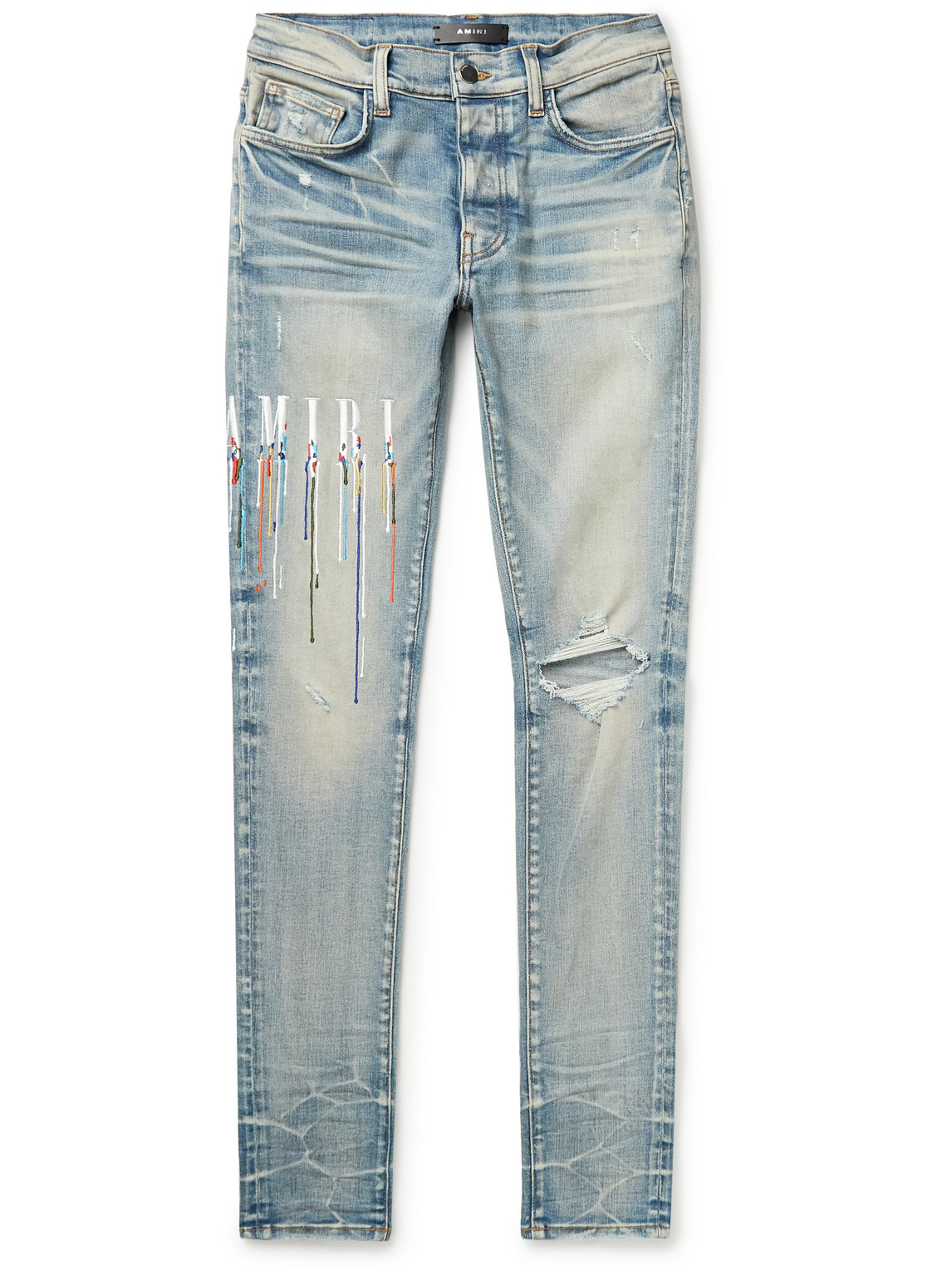 Skinny-Fit Logo-Embroidered Distressed Jeans