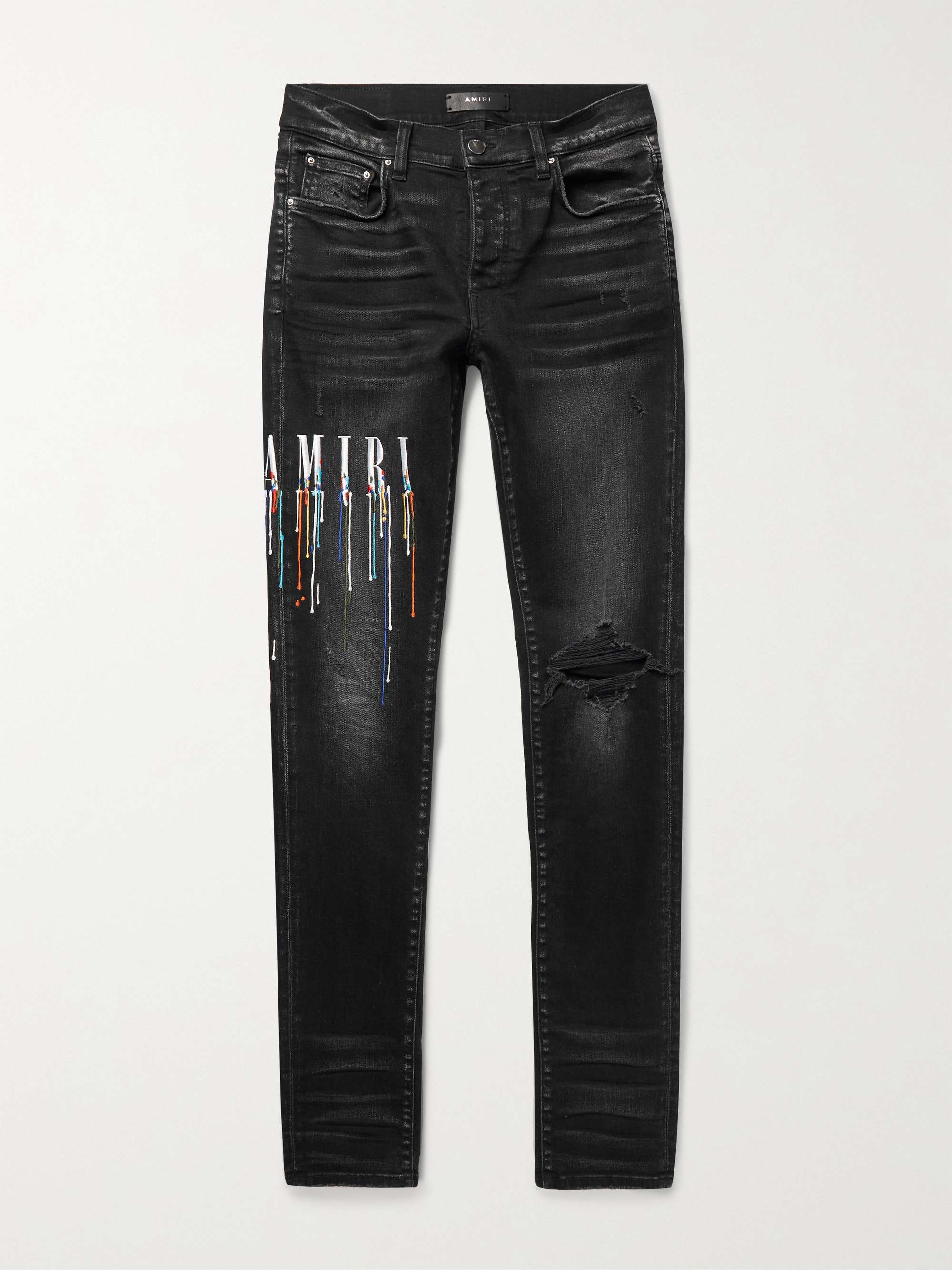 아미리 청바지 Amiri Skinny-Fit Logo-Embroidered Distressed Jeans,Black