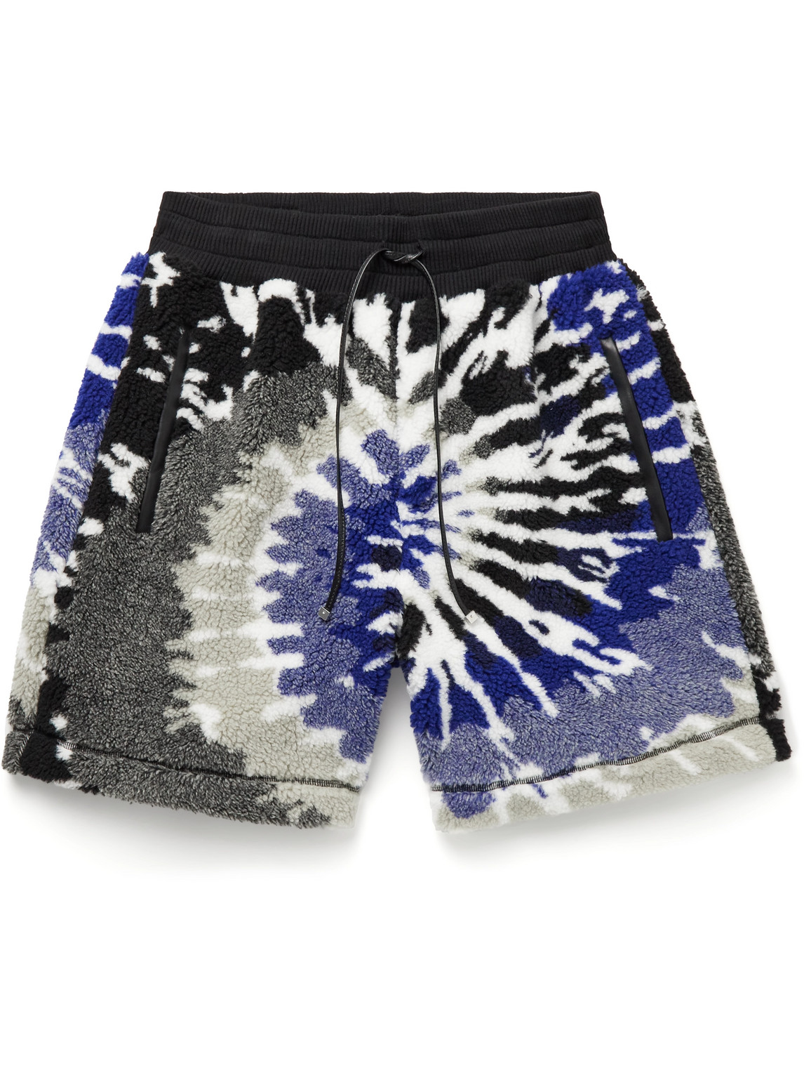 Wide-Leg Leather-Trimmed Tie-Dyed Fleece Drawstring Shorts