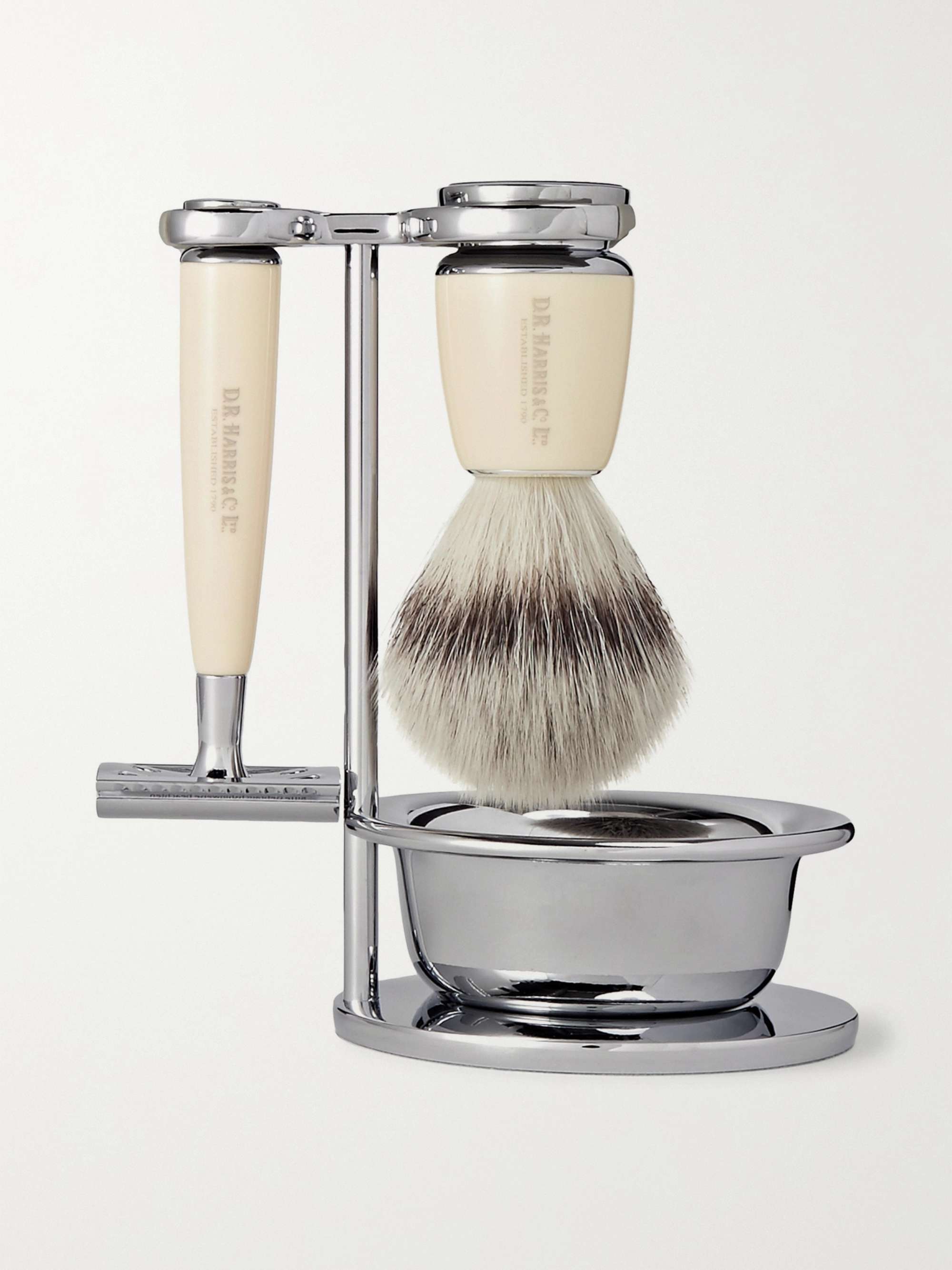 D R Harris Safety Chrome and Resin Four-Piece Shaving Set