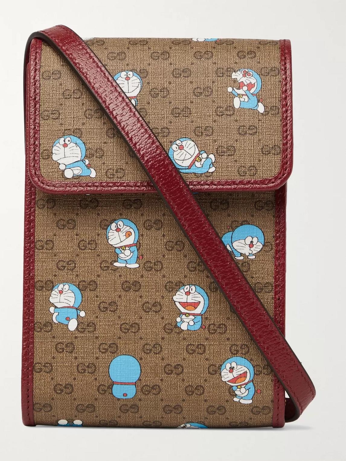Gucci Doraemon Leather-trimmed Printed Monogrammed Coated-canvas Messenger Bag In Brown