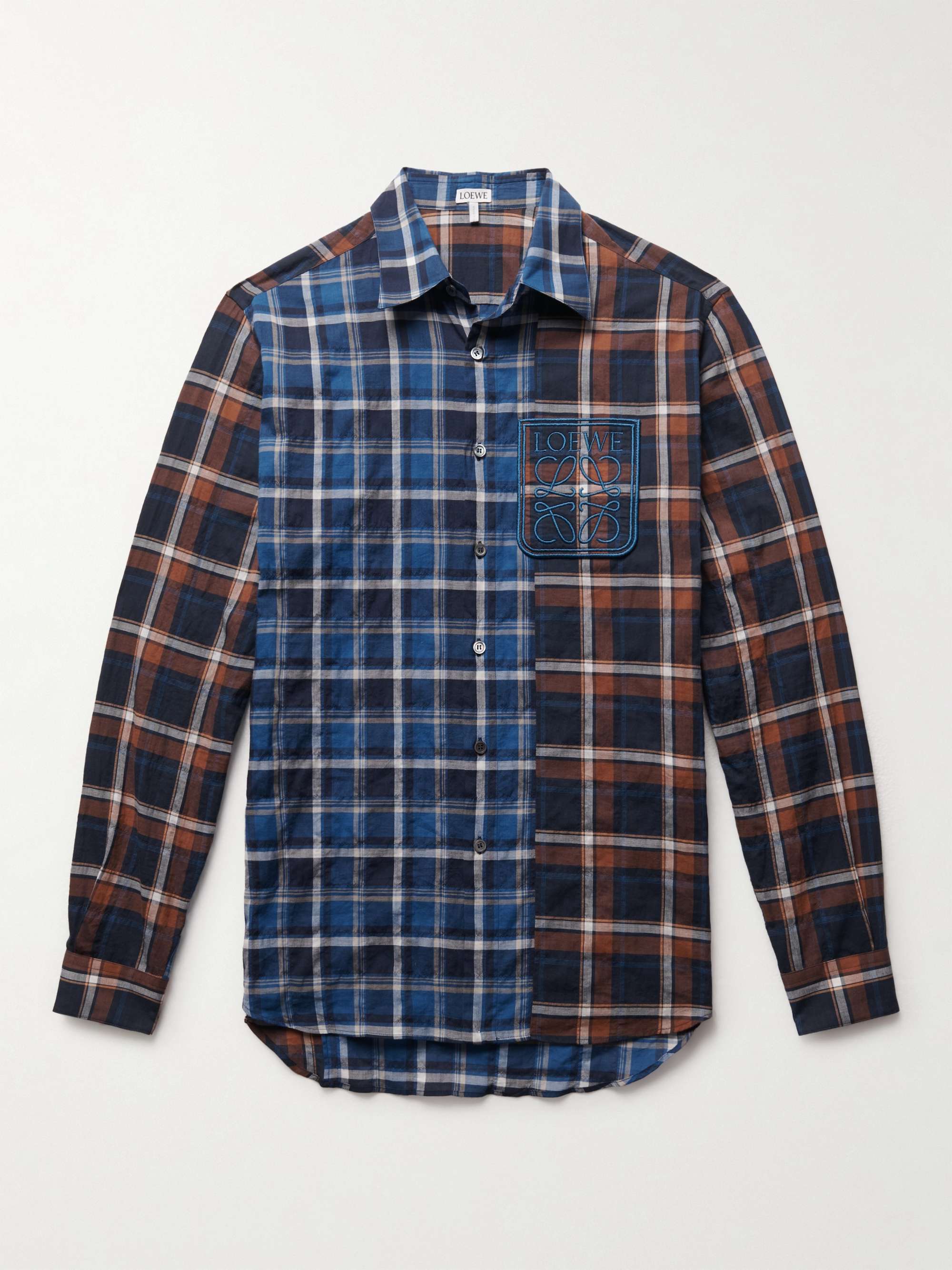 로에베 셔츠 LOEWE Logo-Embroidered Patchwork Checked Cotton-Blend Flannel Shirt,Blue