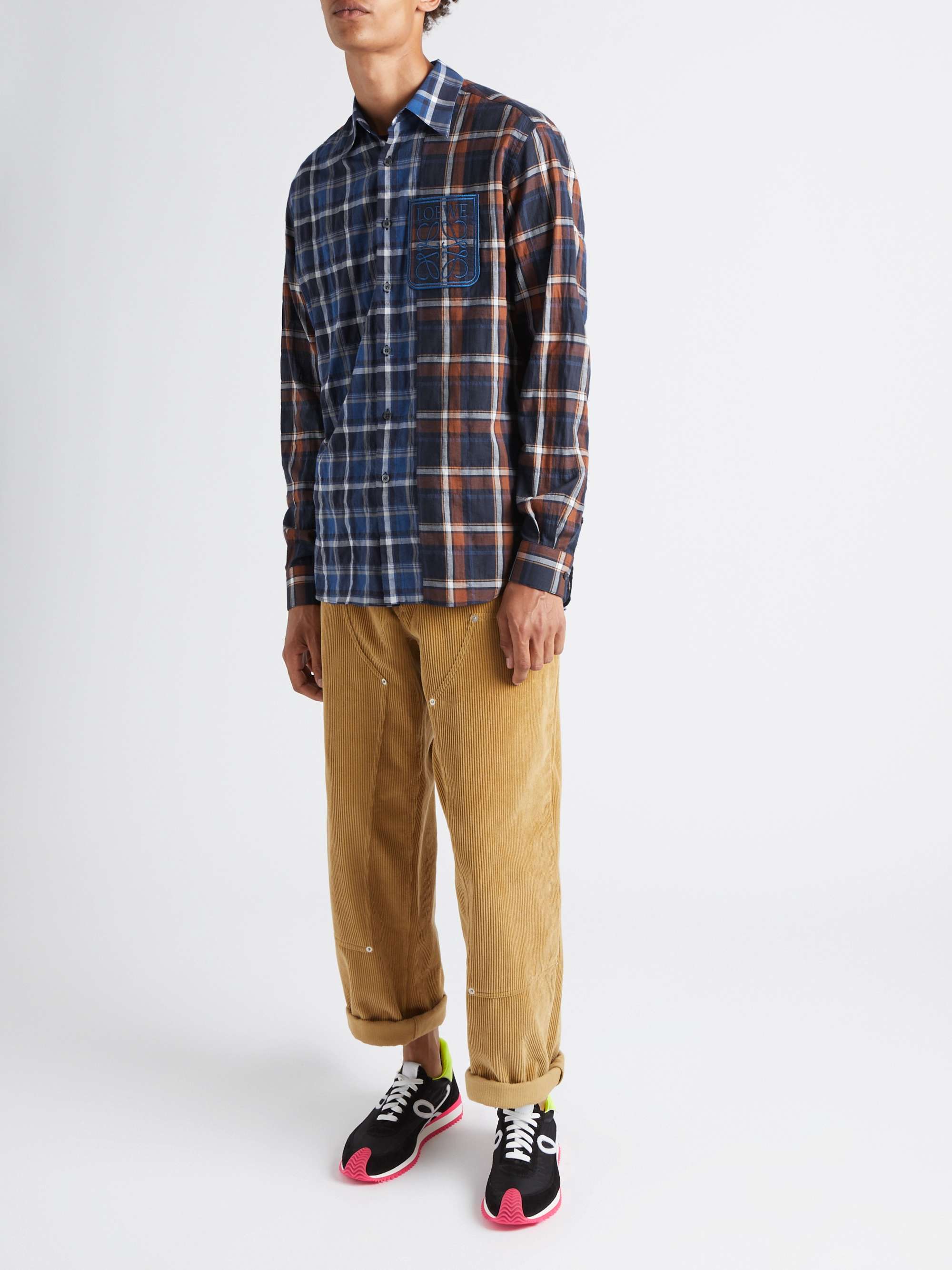 Logo-Embroidered Patchwork Checked Cotton-Blend Flannel Shirt