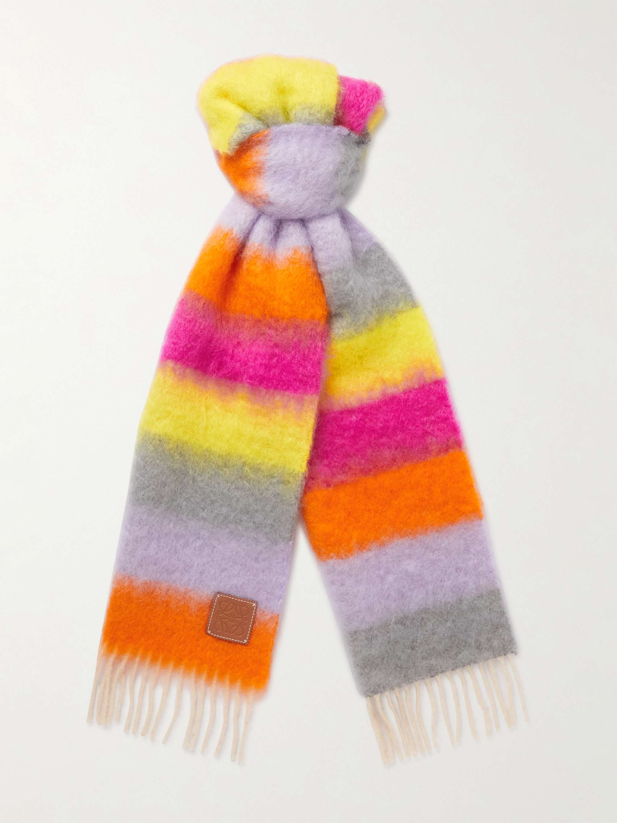 LOEWE Fringed Striped Logo-Embroidered Mohair and Wool-Blend Scarf