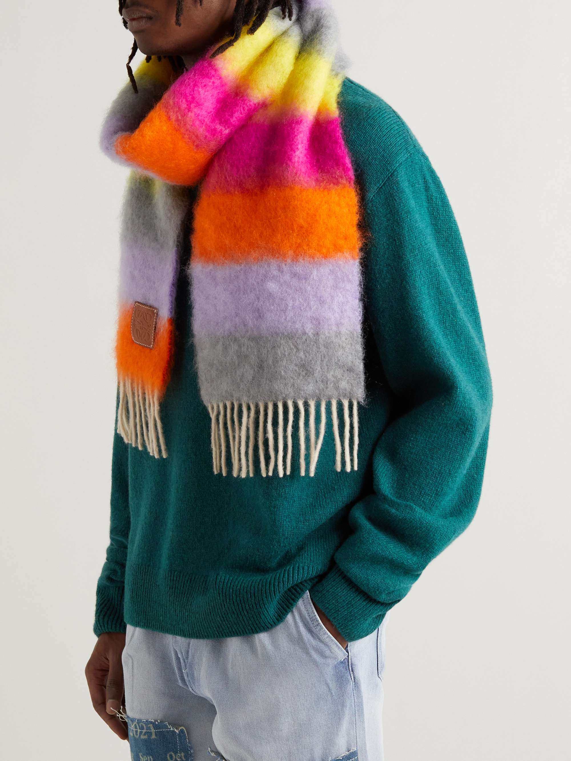 LOEWE Fringed Striped Logo-Embroidered Mohair and Wool-Blend Scarf
