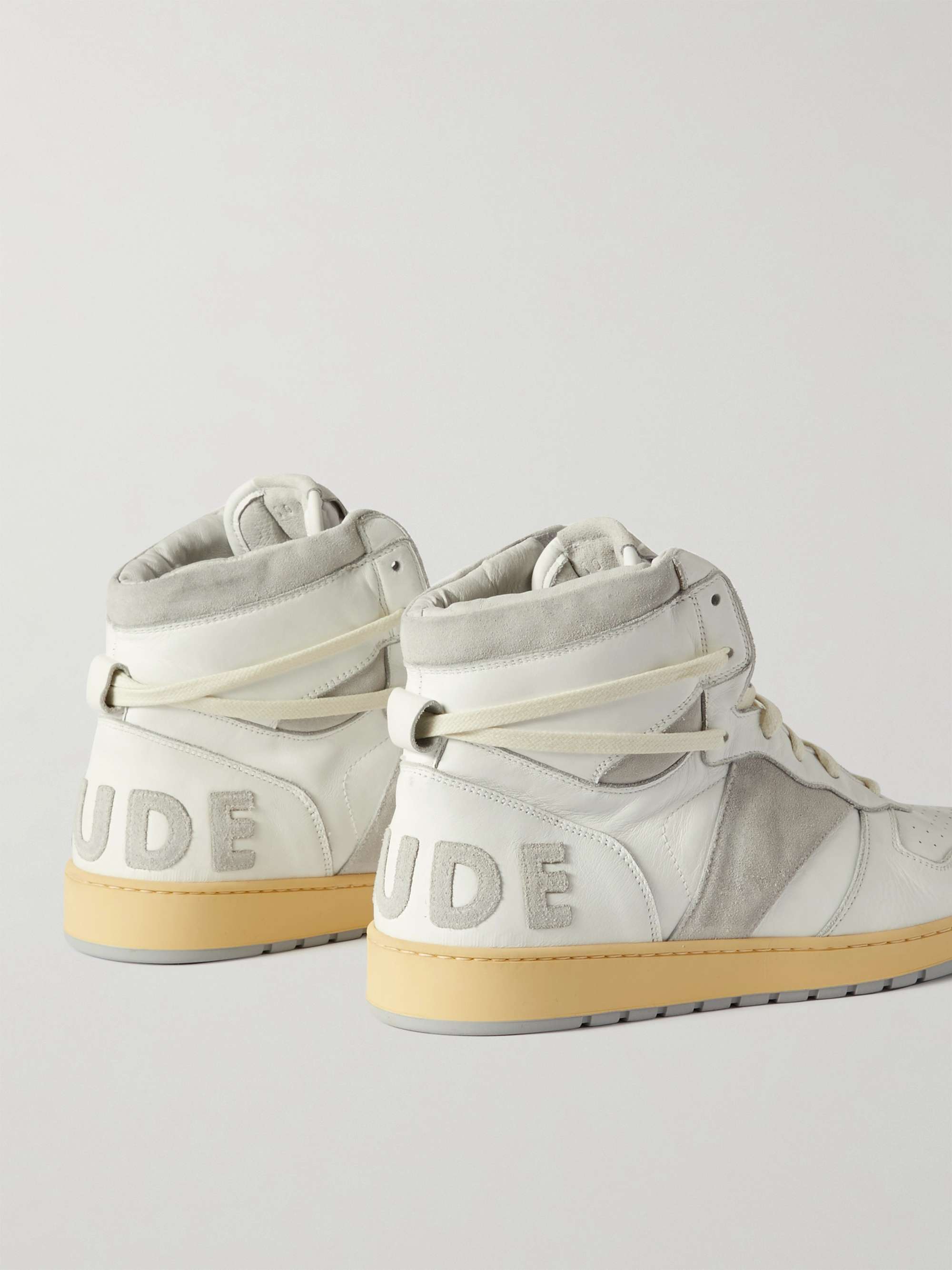 RHUDE Rhecess Distressed Leather and Suede High-Top Sneakers