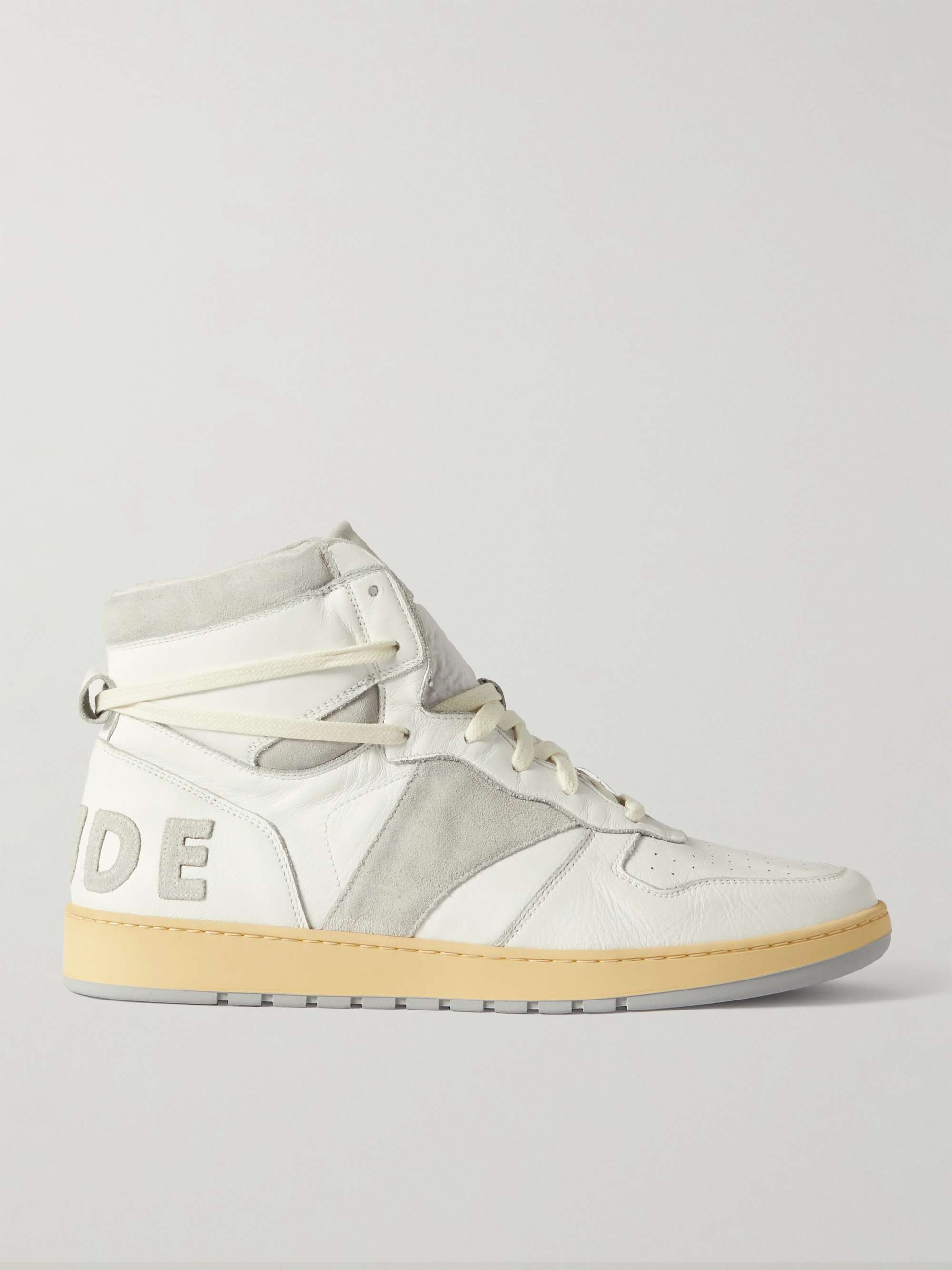 RHUDE Rhecess Distressed Leather and Suede High-Top Sneakers