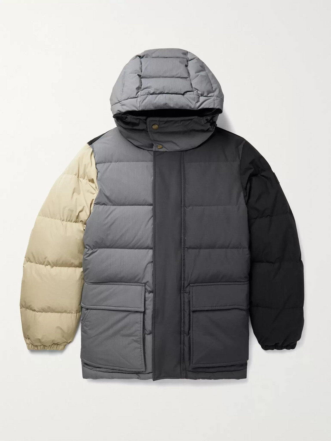 Aimé Leon Dore Woolrich Quilted Colour-block Ripstop, Shell And Faille Hooded Down Jacket In Grey