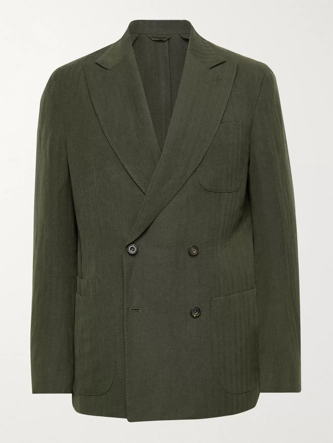 Aimé Leon Dore Drake's Double-breasted Herringbone Wool And Linen-blend Suit Jacket In Green
