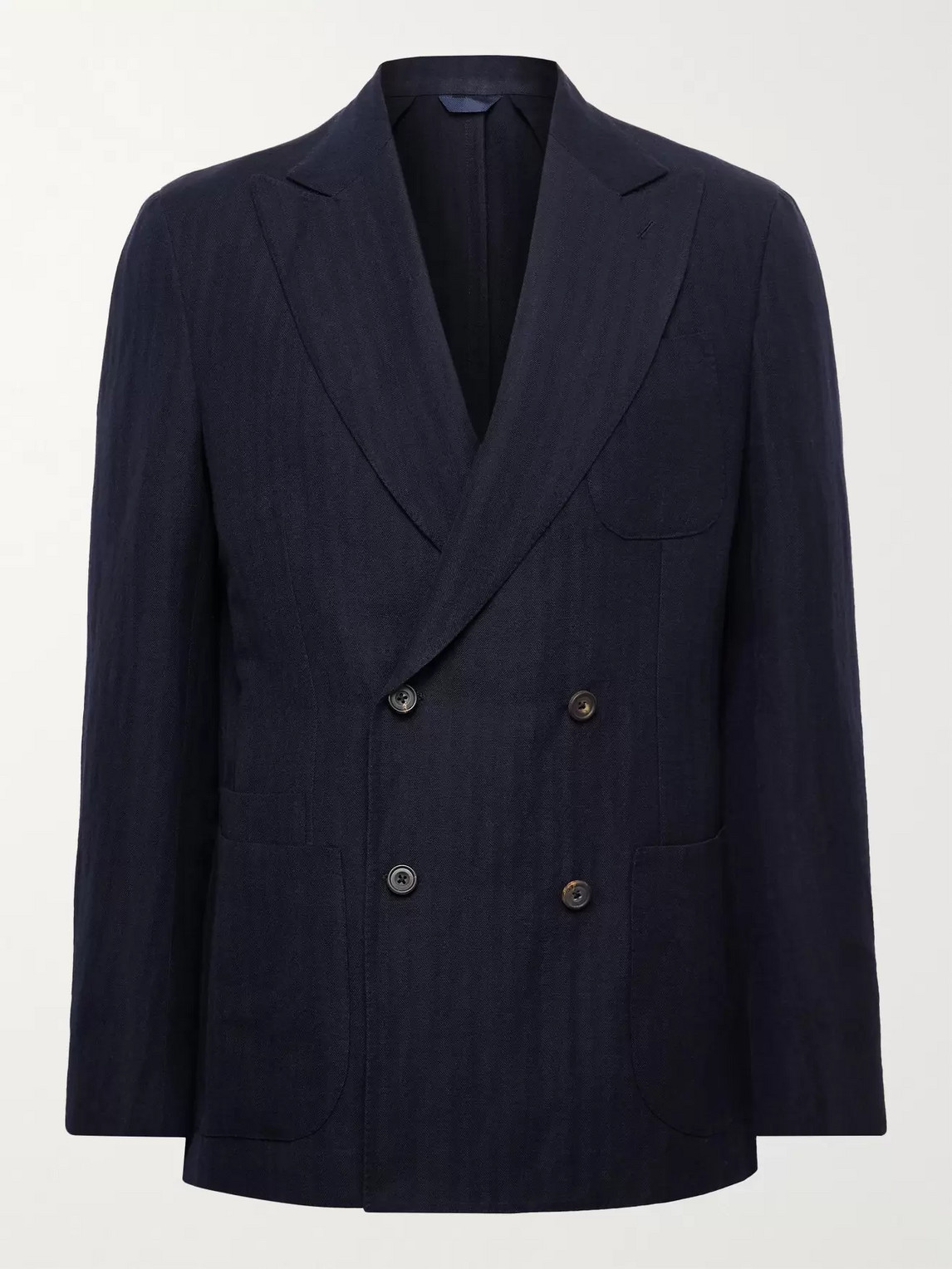 Aimé Leon Dore Drake's Double-breasted Herringbone Wool And Linen-blend Suit Jacket In Blue