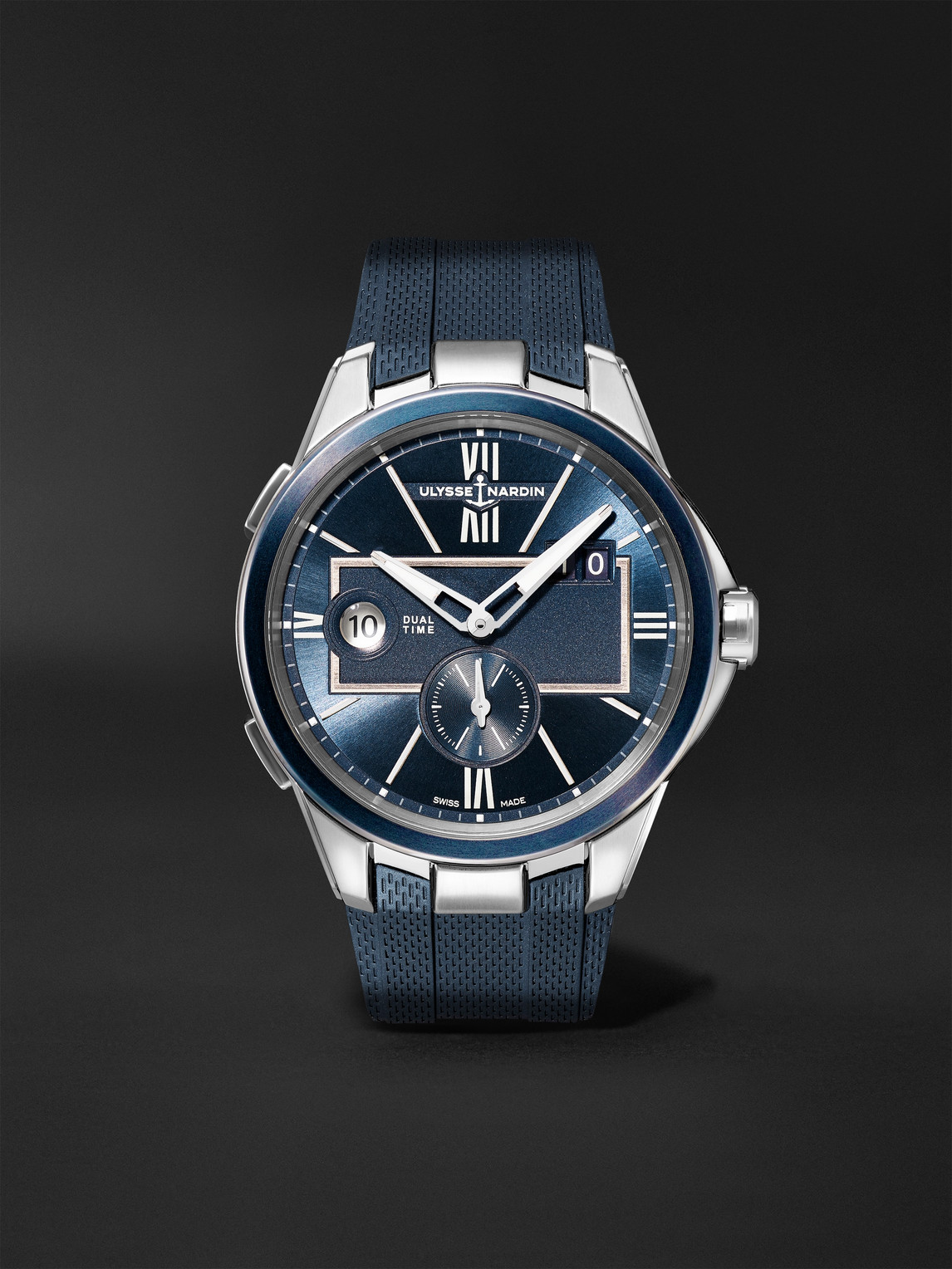Ulysse Nardin Dual Time Automatic 42mm Stainless Steel And Rubber Watch, Ref. No. 243-20-3/43 In Blue