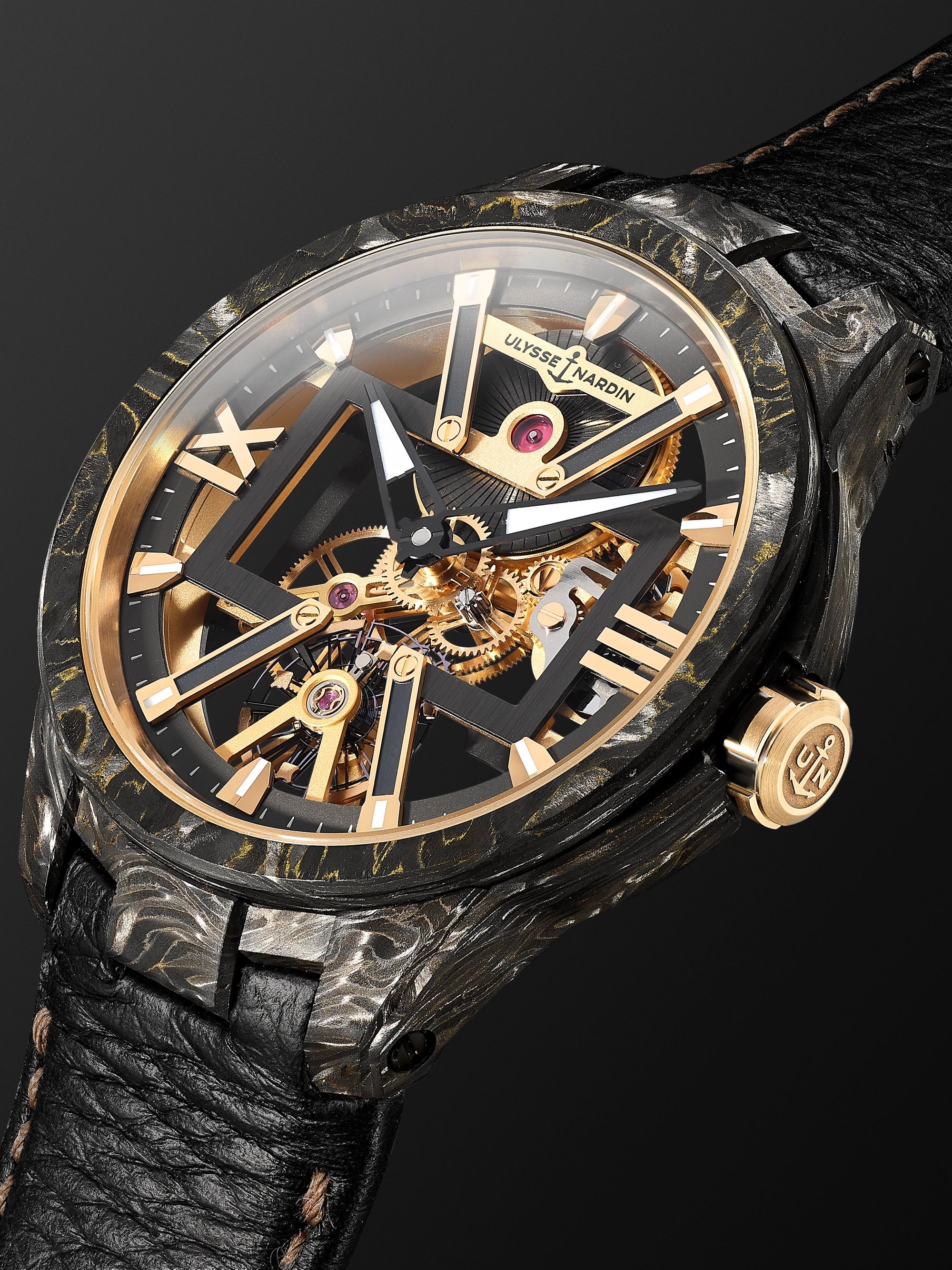 ULYSSE NARDIN Skeleton X Hand-Wound 43mm Carbonium Gold and Full-Grain Leather Watch