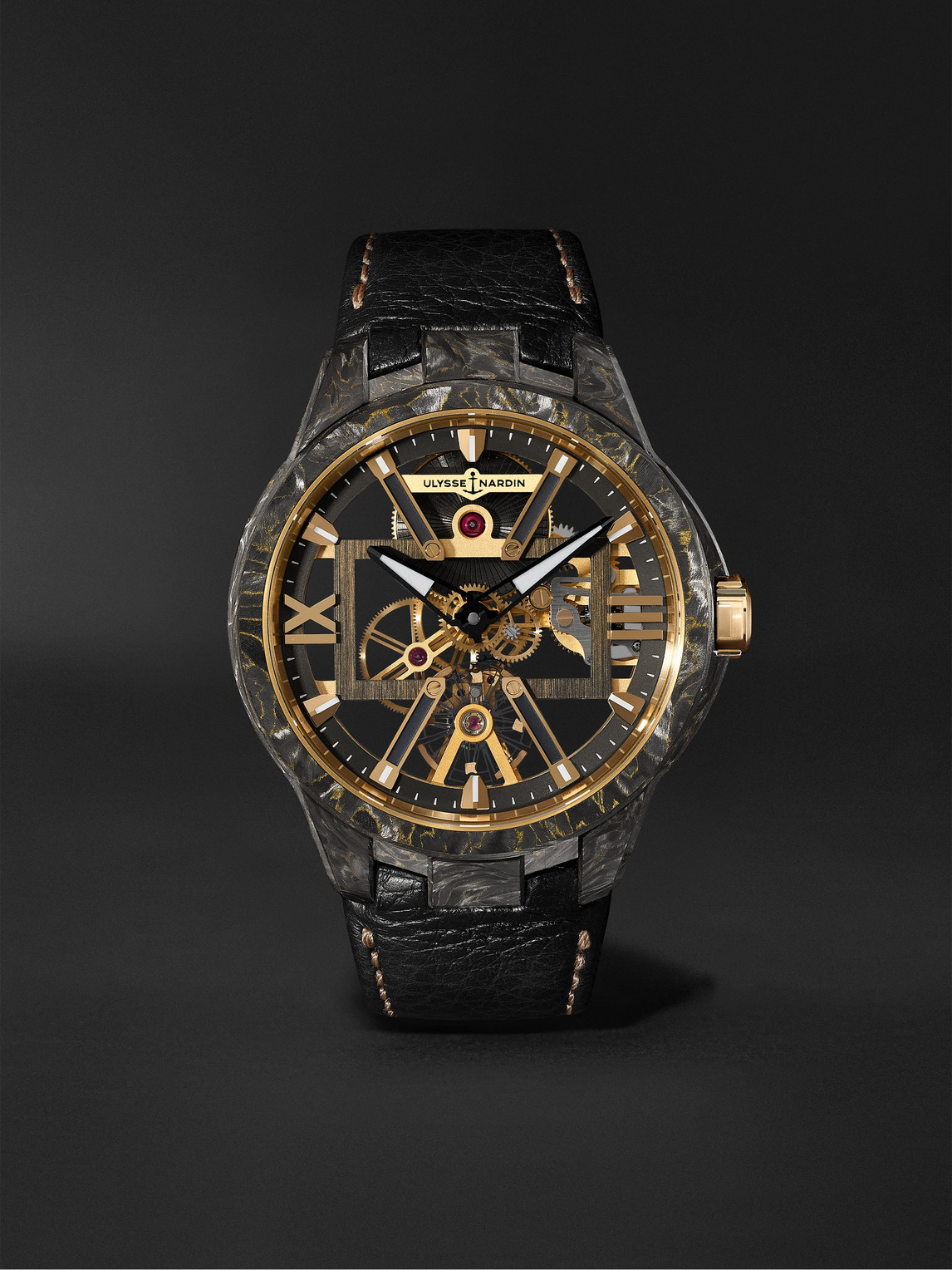 Ulysse Nardin Skeleton X Hand-wound 43mm Carbonium Gold And Full-grain Leather Watch In Black