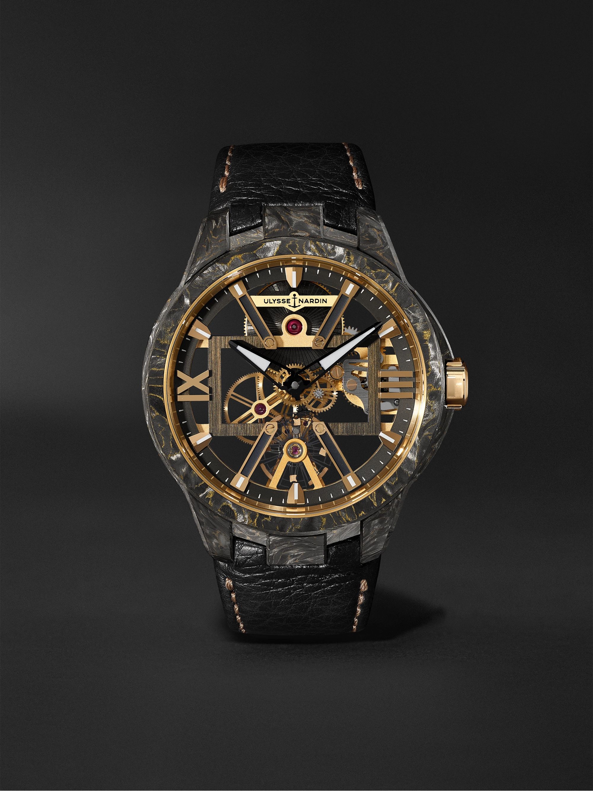 ULYSSE NARDIN Skeleton X Hand-Wound 43mm Carbonium Gold and Full-Grain Leather Watch