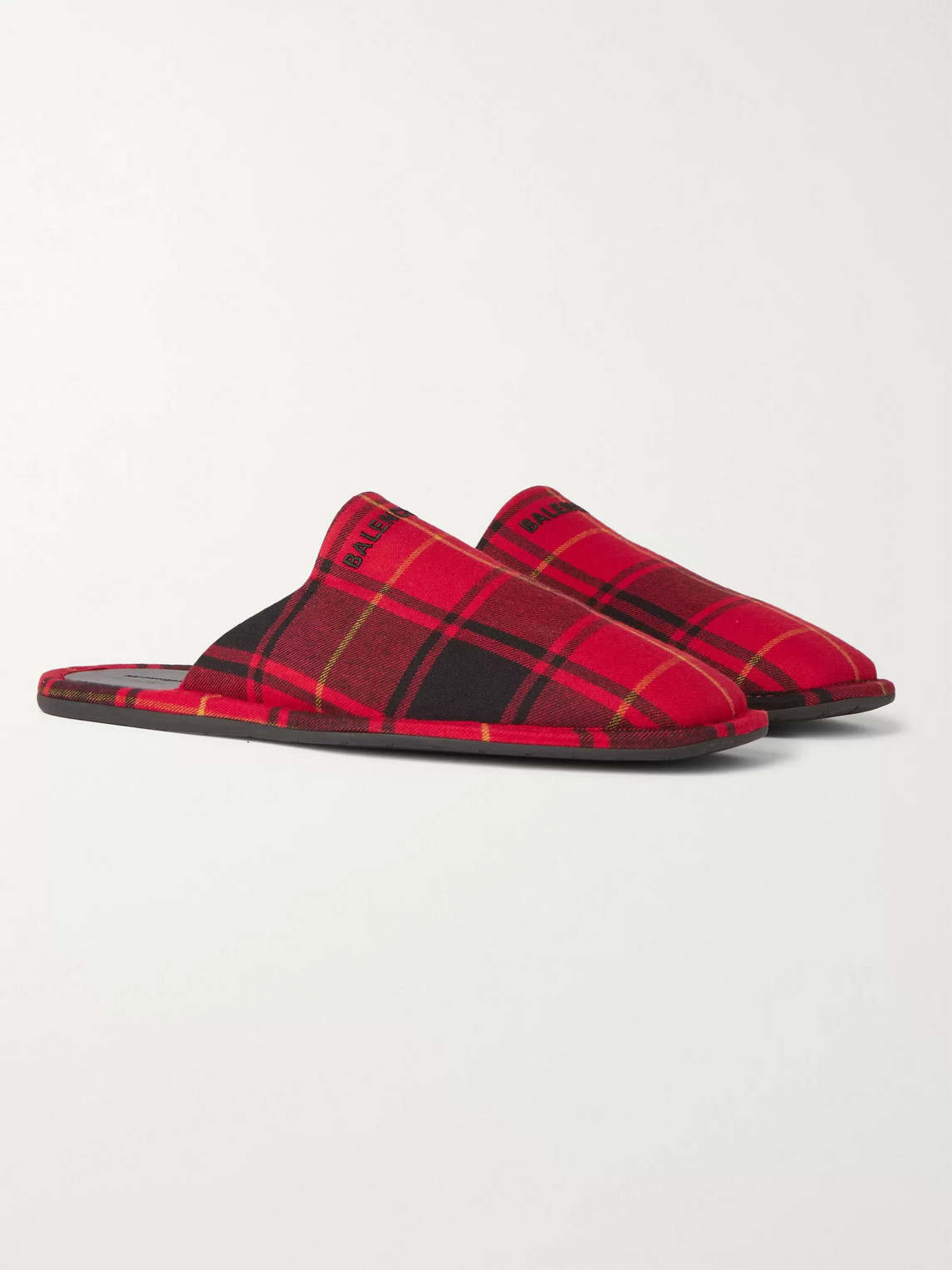 BALENCIAGA COSY BB LOGO-EMBROIDERED BACKLESS TARTAN FLANNEL LOAFERS