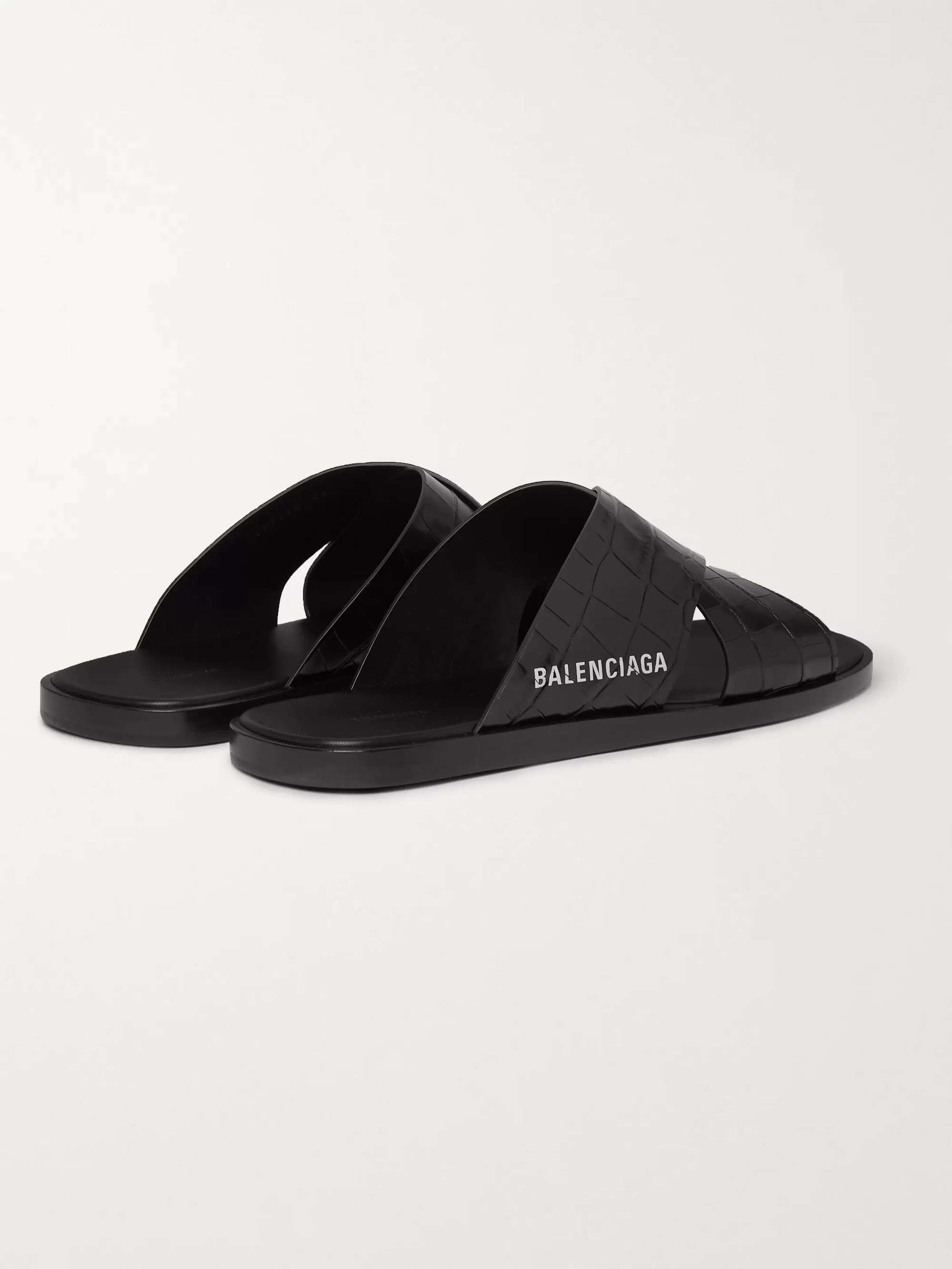 BALENCIAGA Logo-Print Croc-Effect Leather Slides