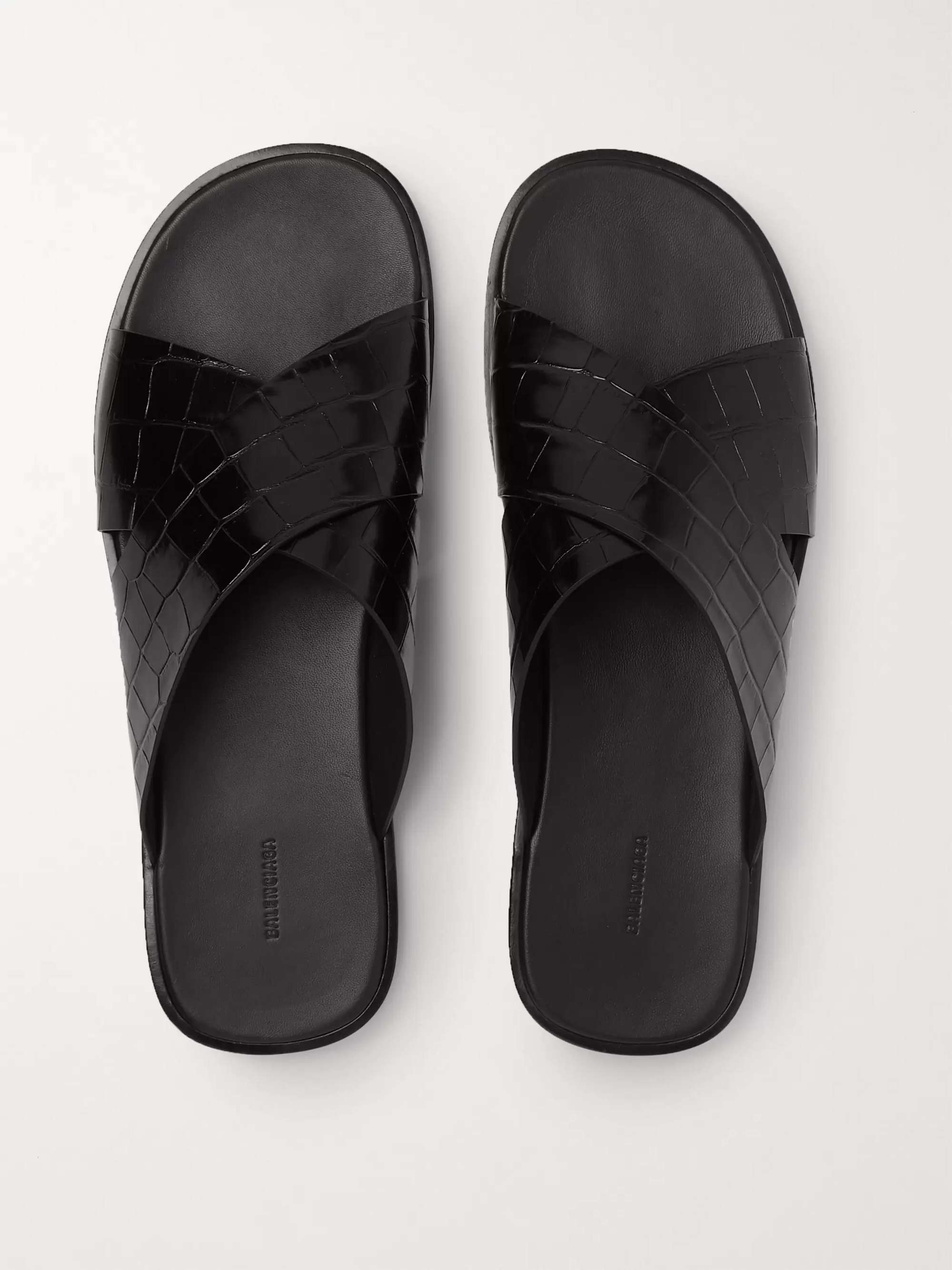 BALENCIAGA Logo-Print Croc-Effect Leather Slides