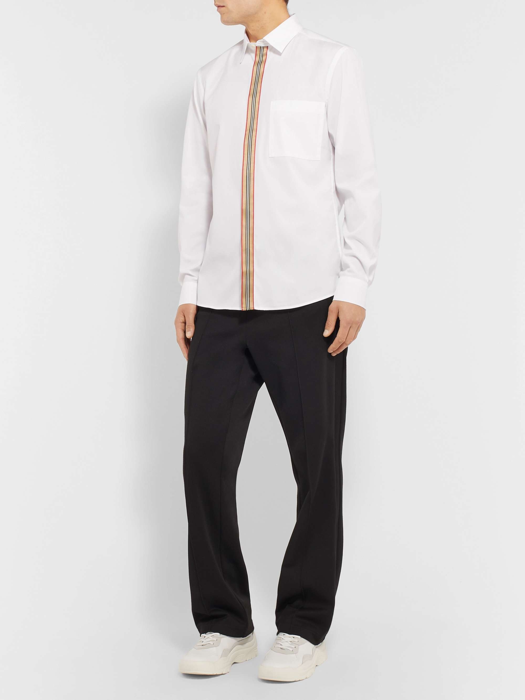 BURBERRY Slim-Fit Striped Grosgrain-Trimmed Cotton-Blend Oxford Shirt