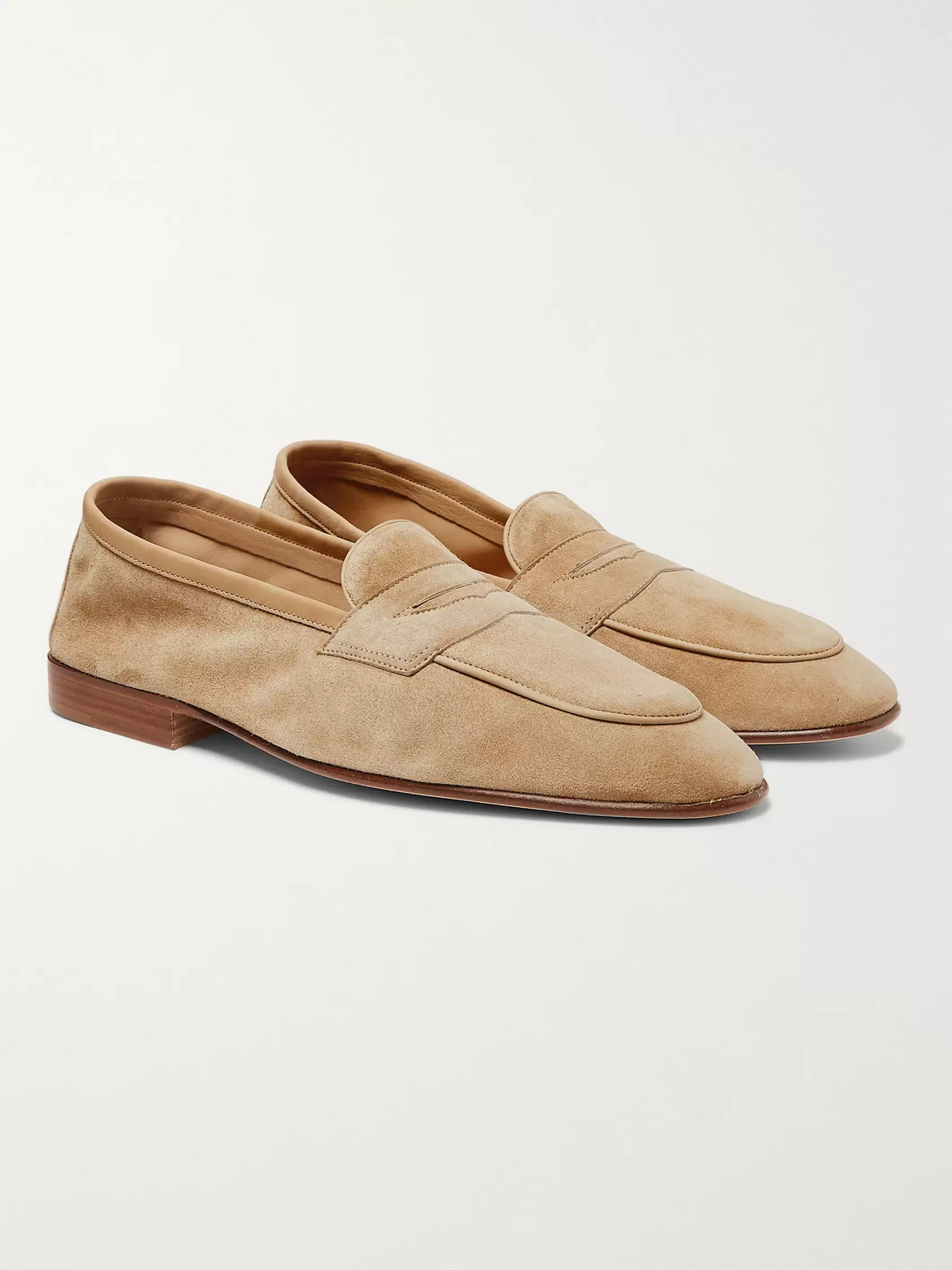 Edward Green Polperro Leather-trimmed Suede Penny Loafers In Neutrals