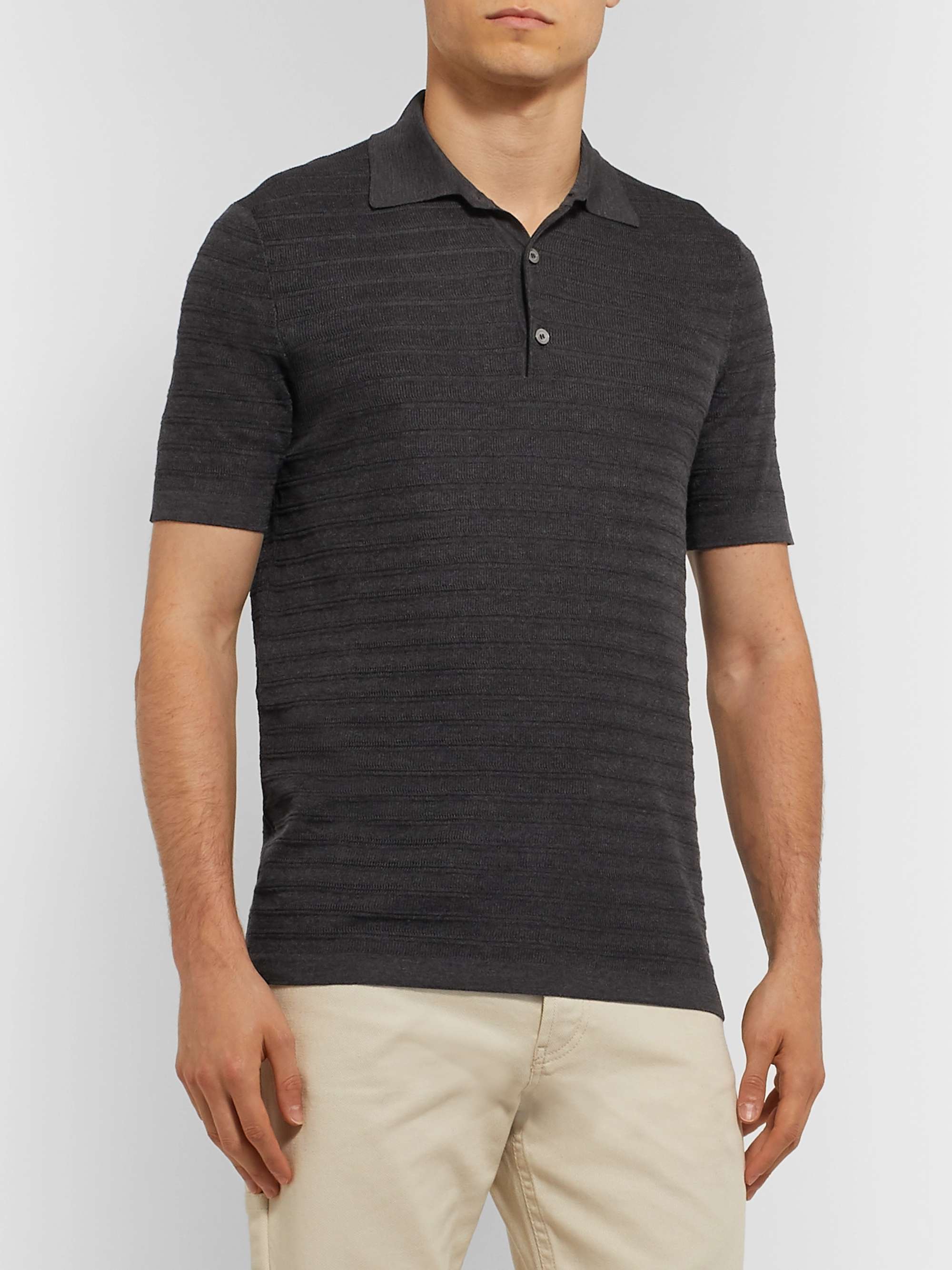 DUNHILL Slim-Fit Striped Knitted Mulberry Silk Polo Shirt