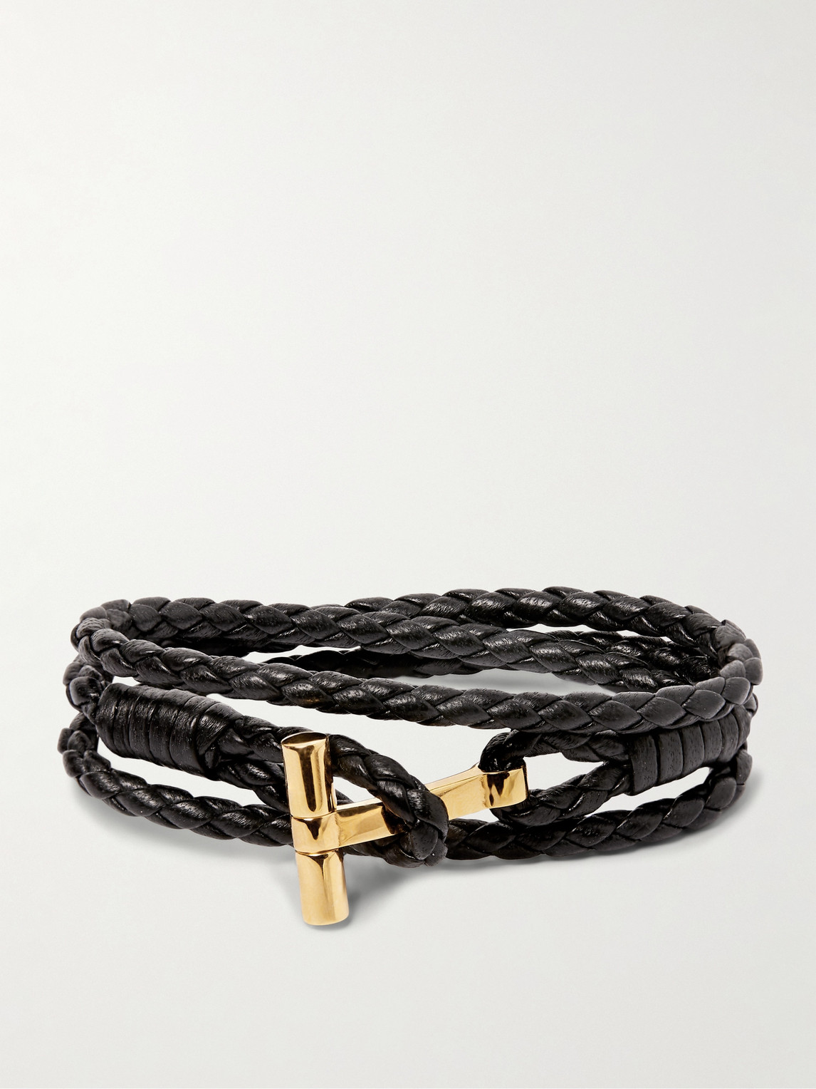 Tom Ford Woven Leather And Gold-tone Wrap Bracelet In Black