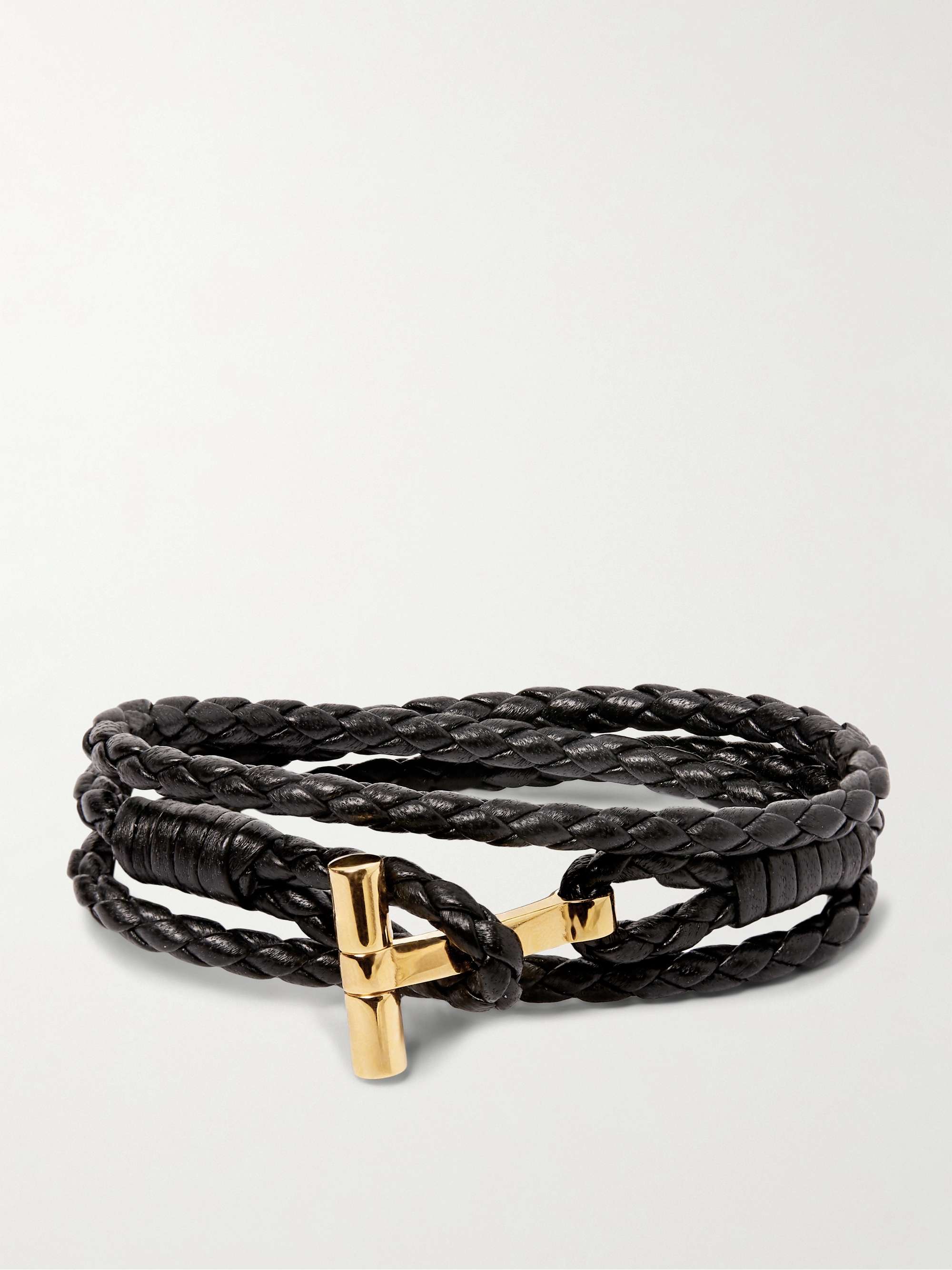 TOM FORD Woven Leather and Gold-Plated Wrap Bracelet