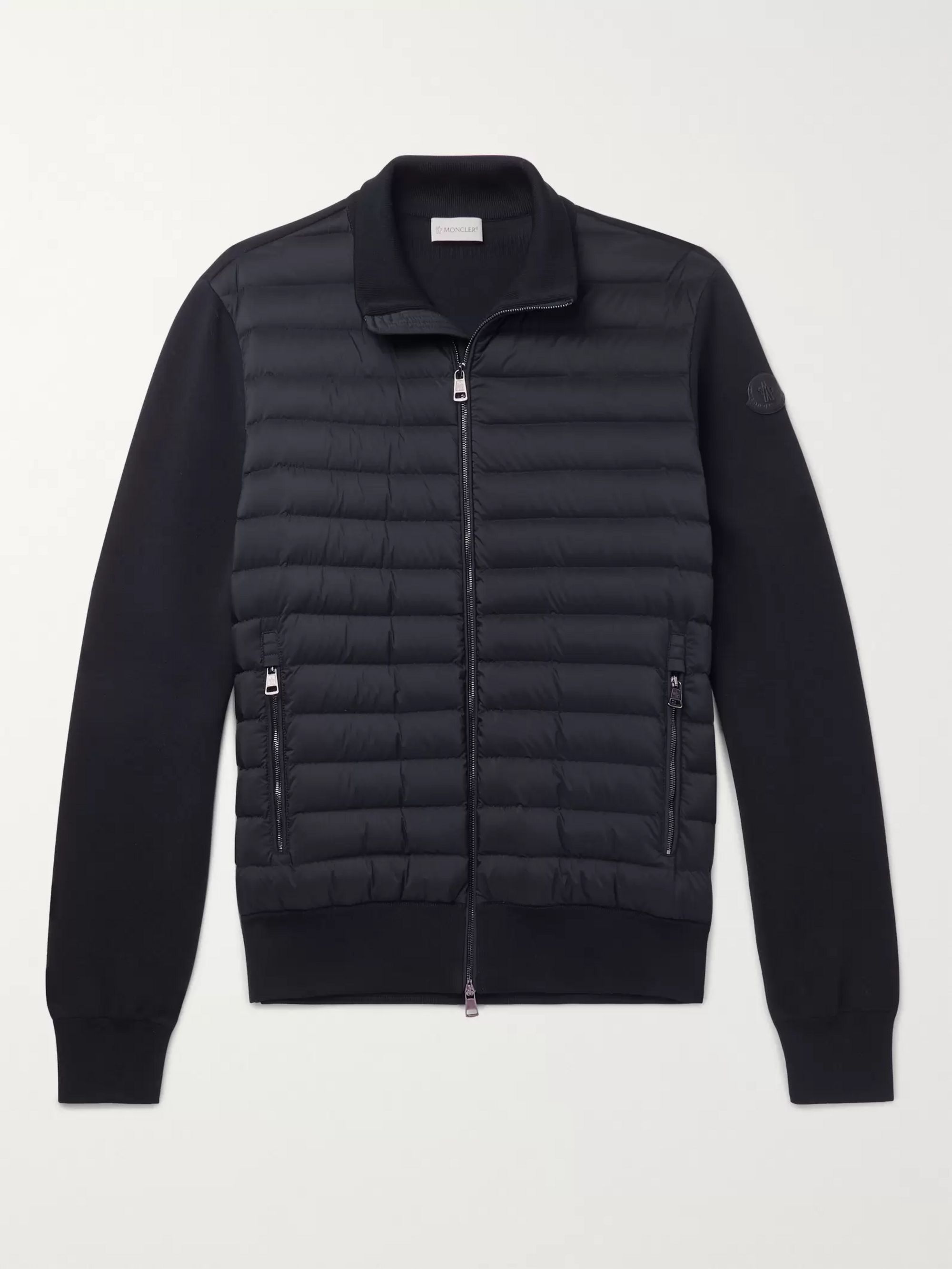 panelled jersey and quilted shell down jacket