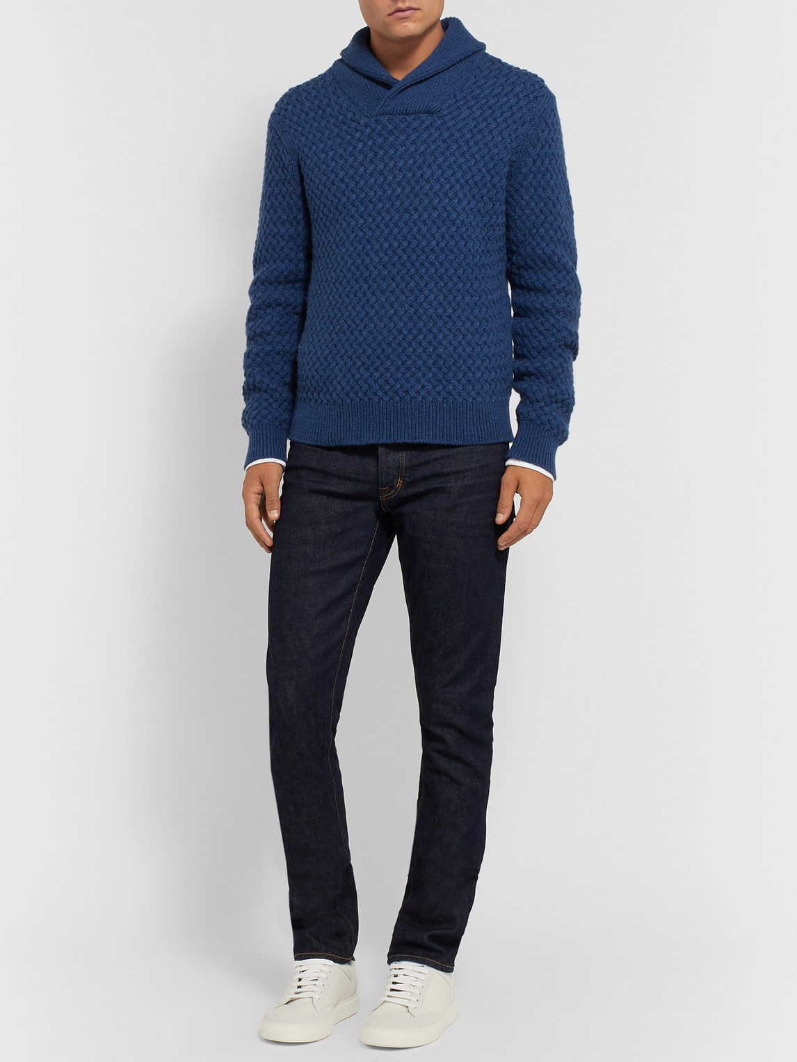 Isaia Slim-fit Shawl-collar Cable-knit Cashmere Sweater In Blue