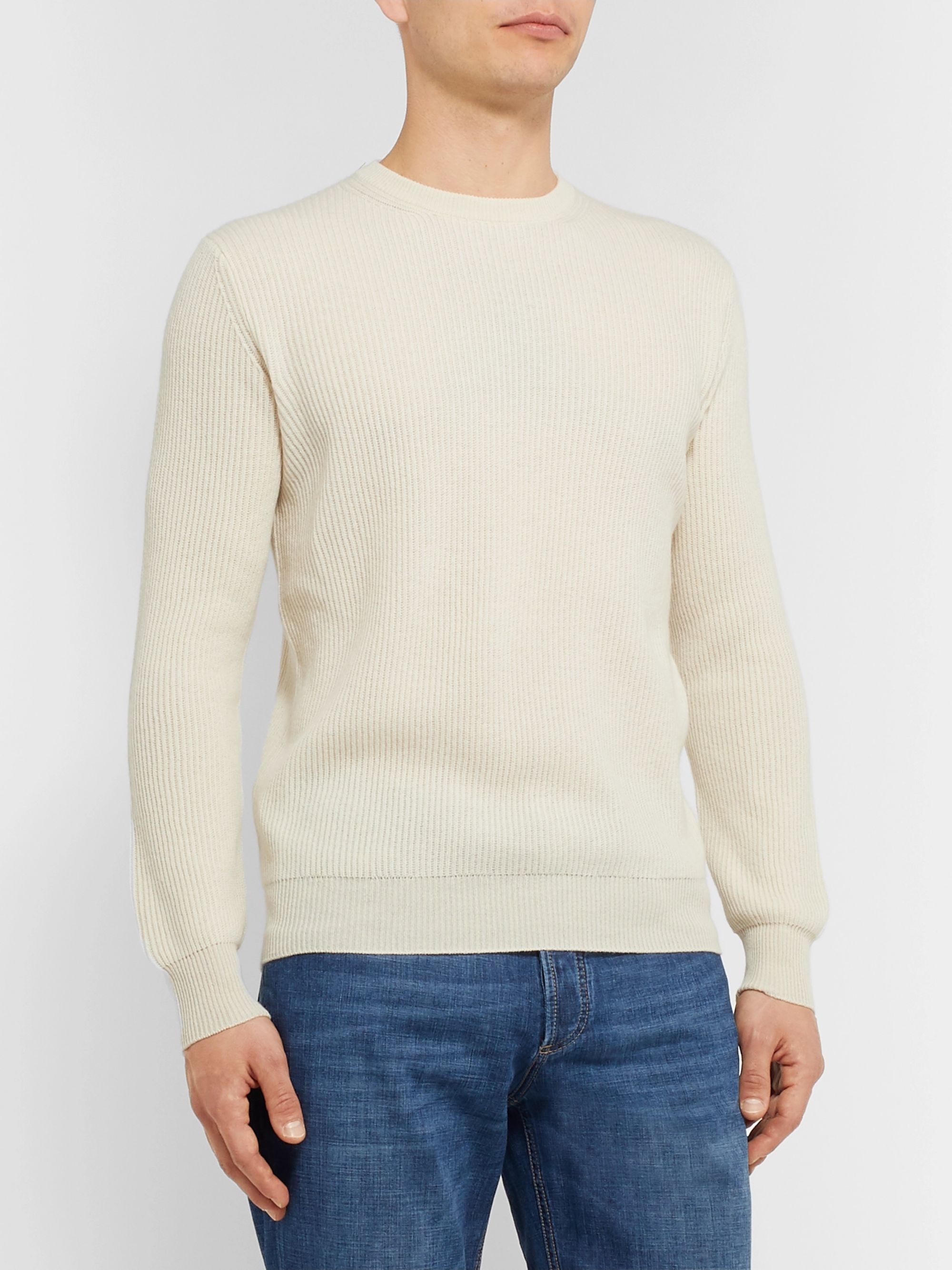 Cream Girocollo Riverside Garment-Dyed Ribbed Cashmere Sweater | LORO ...