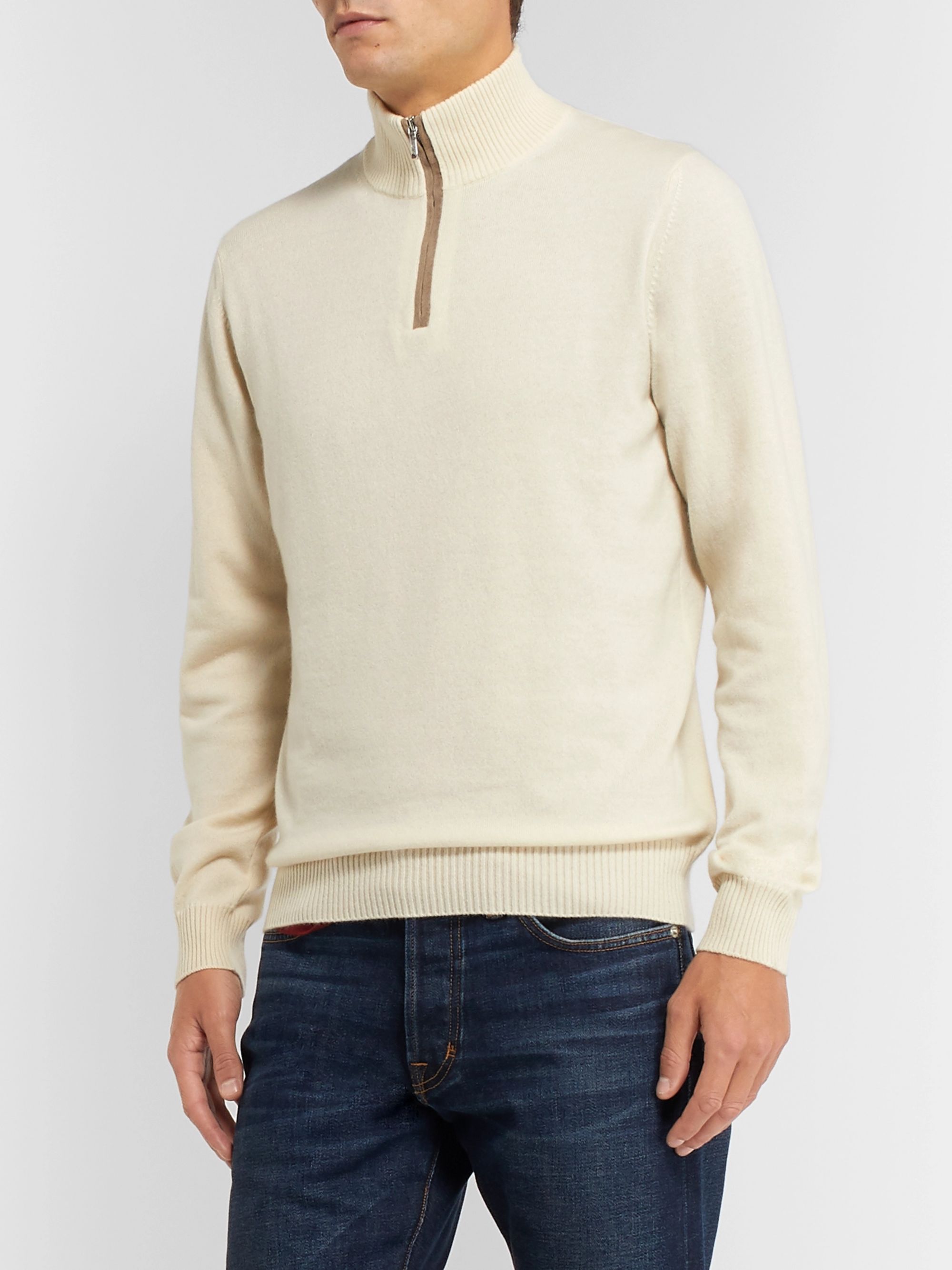 Cream Suede-Trimmed Cashmere Half-Zip Sweater | Loro Piana | MR PORTER