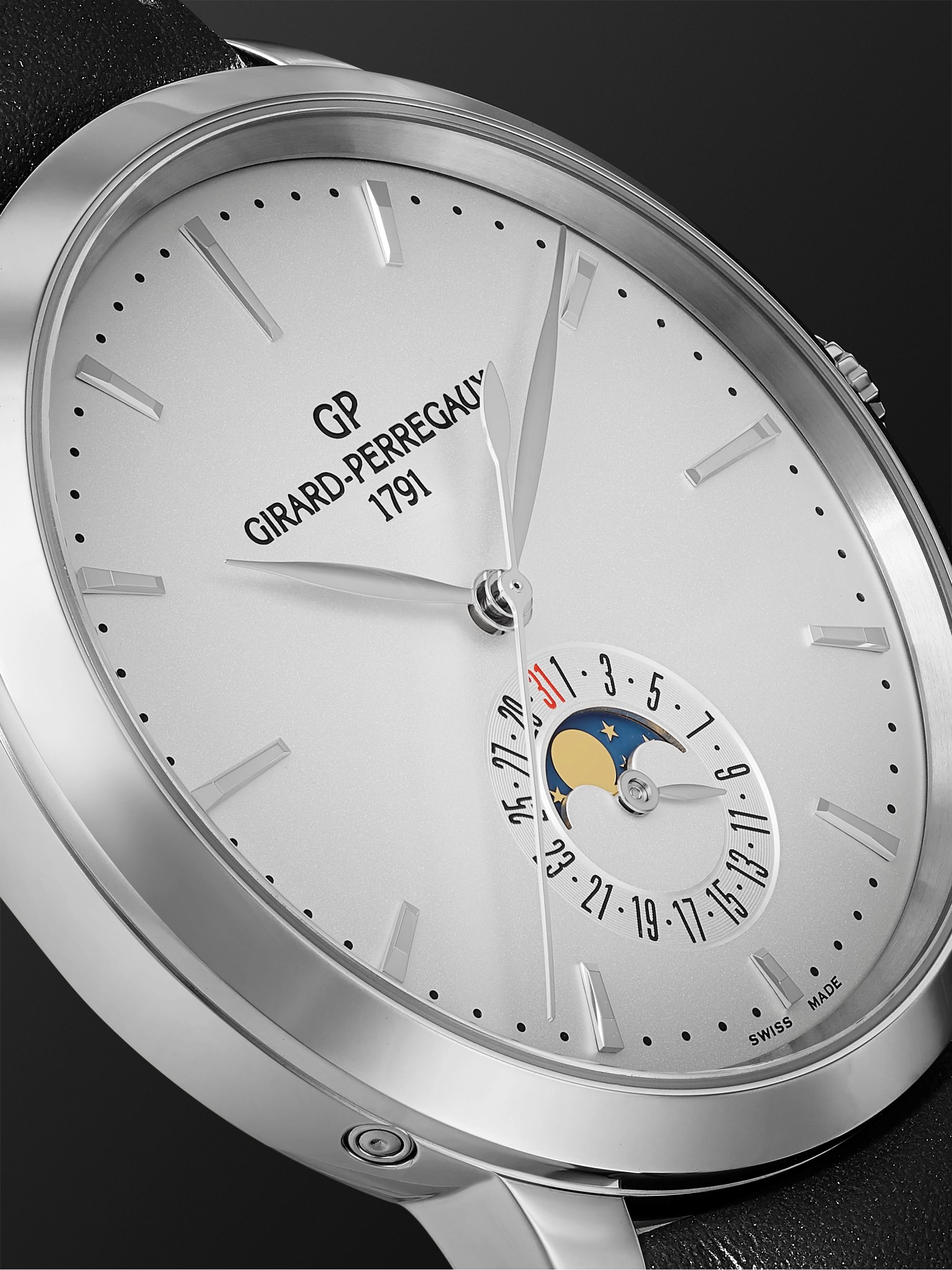 GIRARD-PERREGAUX 1966 Date and Moon Phases Automatic 40mm Stainless Steel and Leather Watch, Ref. No. 49545-11-131-BB60
