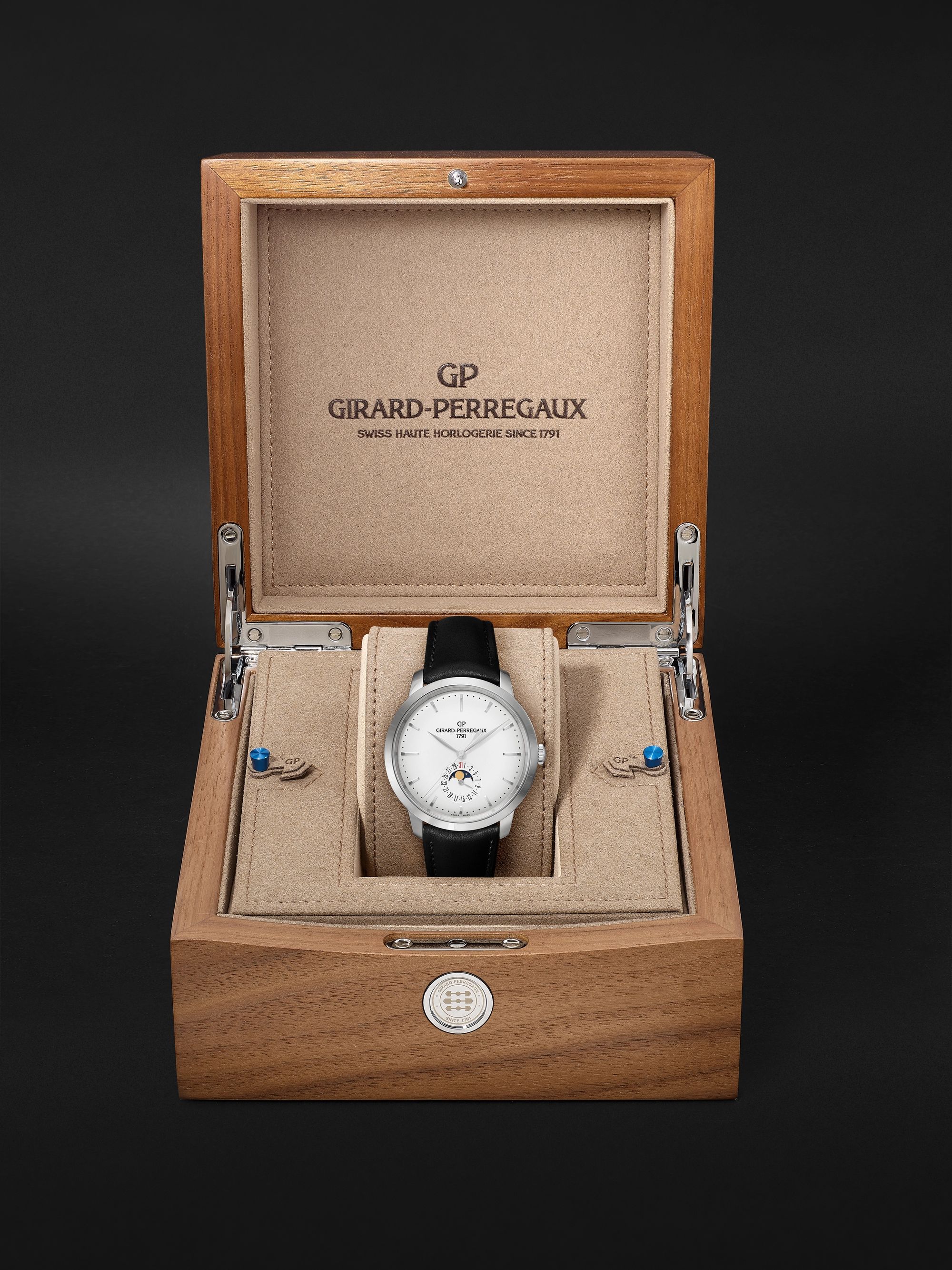 GIRARD-PERREGAUX 1966 Date and Moon Phases Automatic 40mm Stainless Steel and Leather Watch, Ref. No. 49545-11-131-BB60