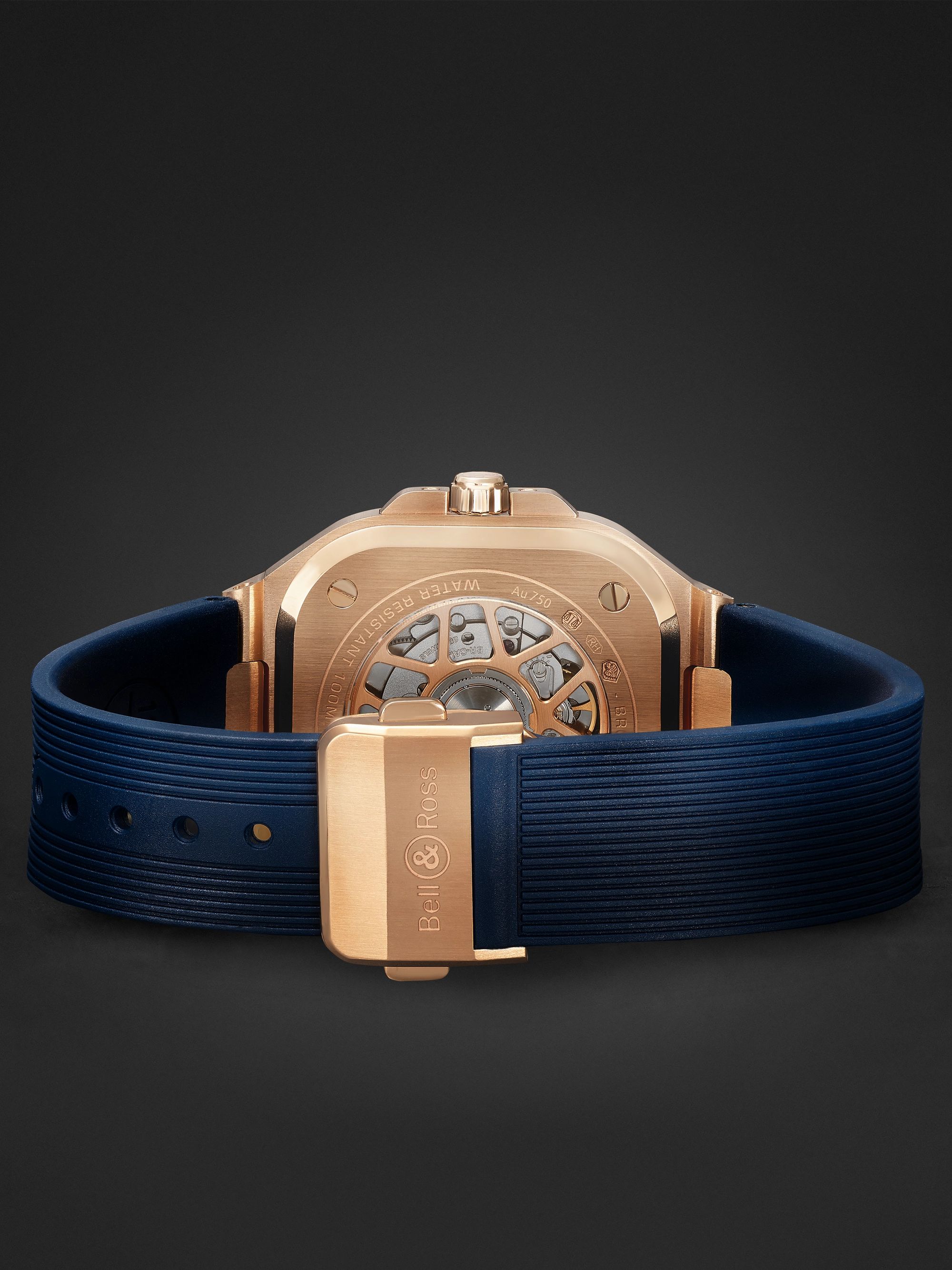 BELL & ROSS BR 05 Blue Gold Automatic 40mm 18-Karat Rose Gold and Rubber Watch, Ref. No. BR05A-BLU-PG/SRB