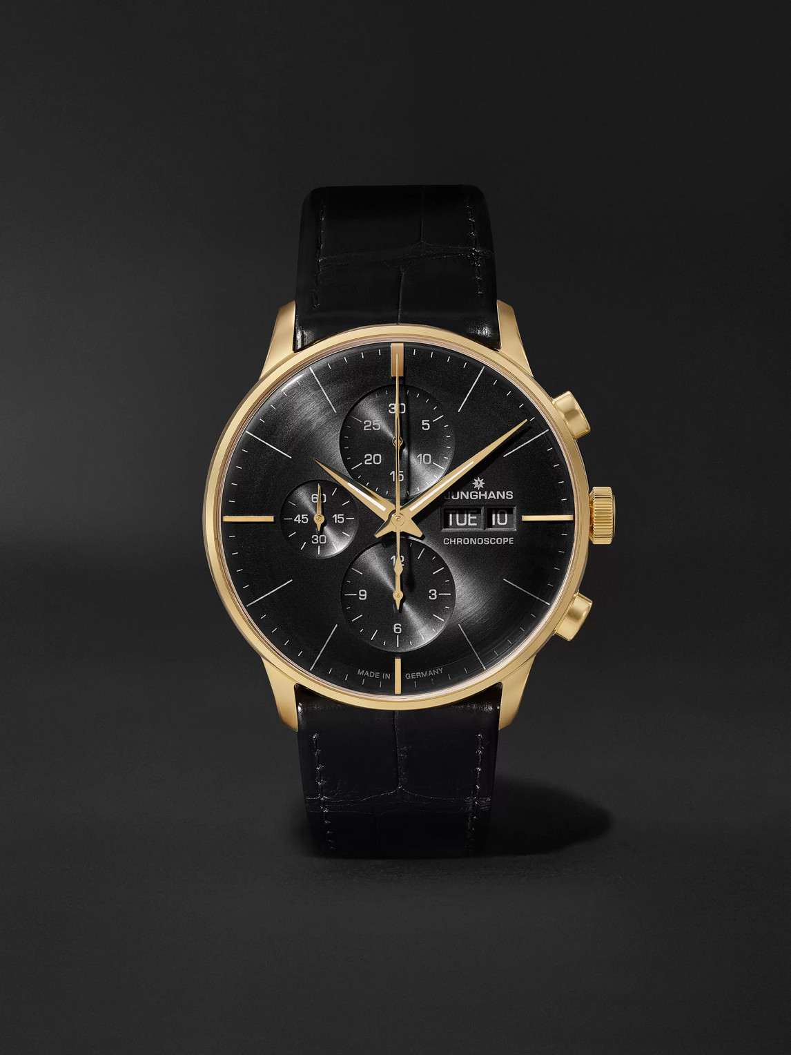 Junghans Meister Limited Edition Automatic Chronoscope 40mm 18-karat Gold And Alligator Watch, Ref. No. 027/9 In Black