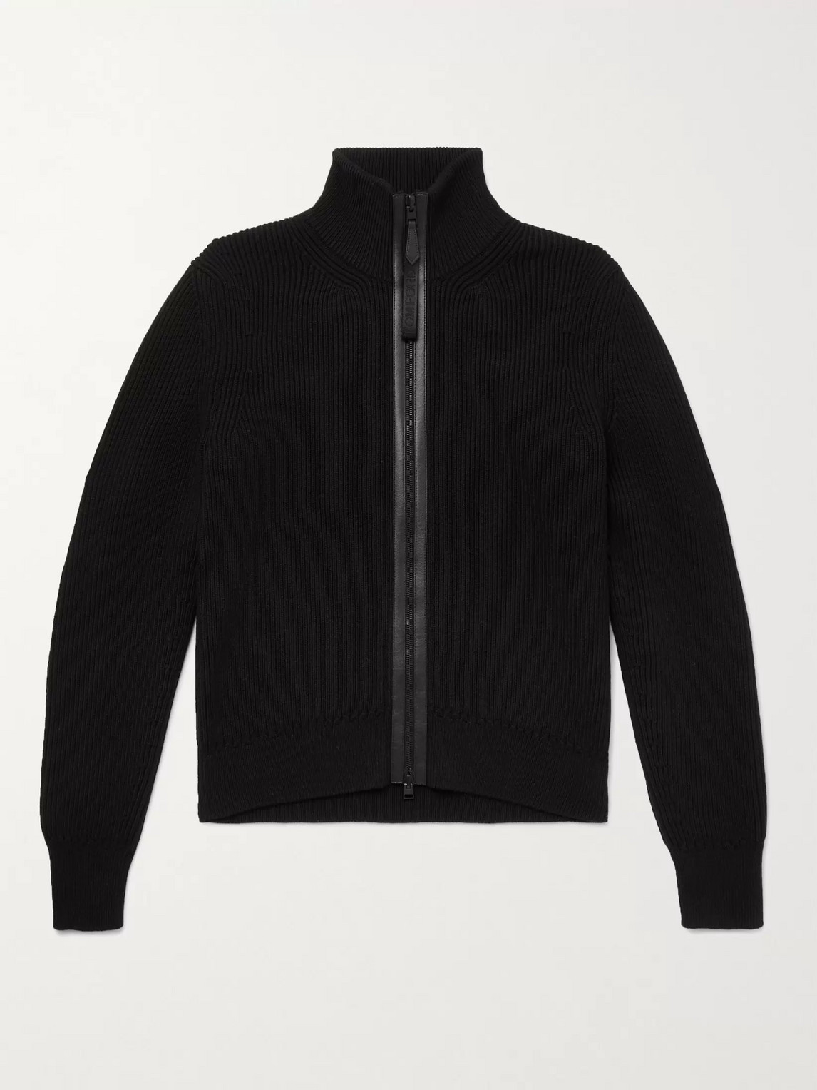 TOM FORD SLIM-FIT LEATHER-TRIMMED RIBBED WOOL AND CASHMERE-BLEND ZIP-UP CARDIGAN