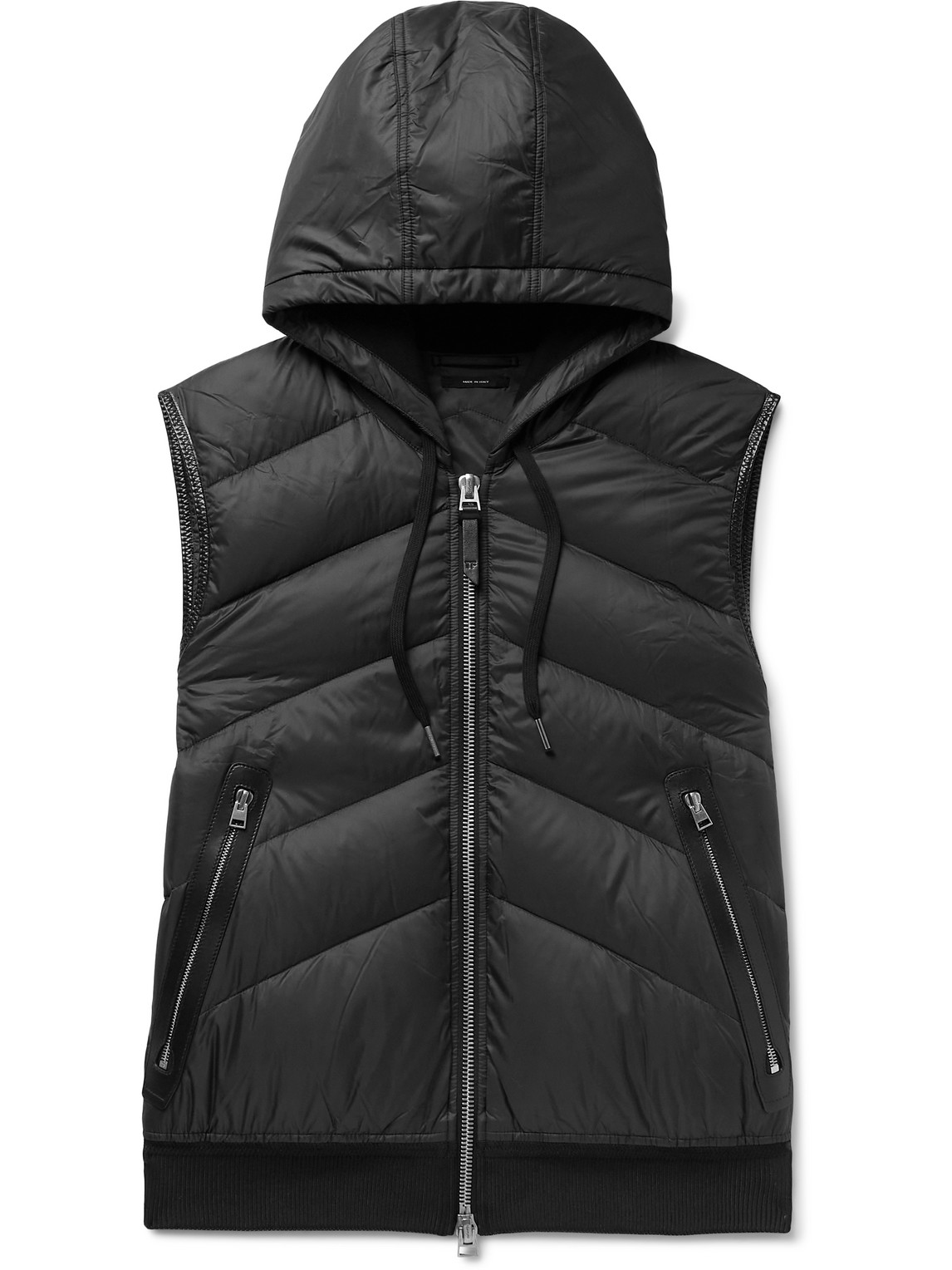 Tom Ford Leather-trimmed Quilted Shell And Cotton-jersey Down Hooded Gilet In Black