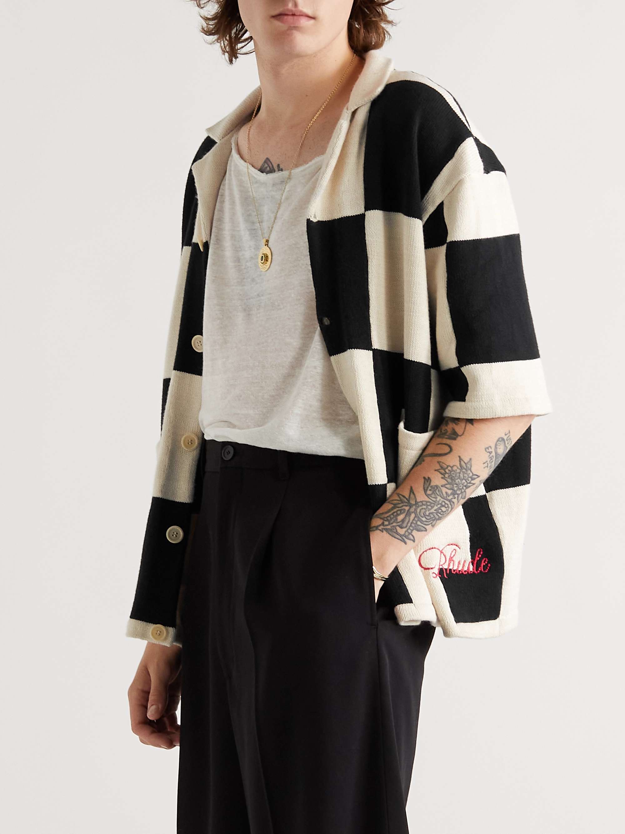 RHUDE Camp-Collar Logo-Embroidered Intarsia Wool and Cashmere-Blend Shirt