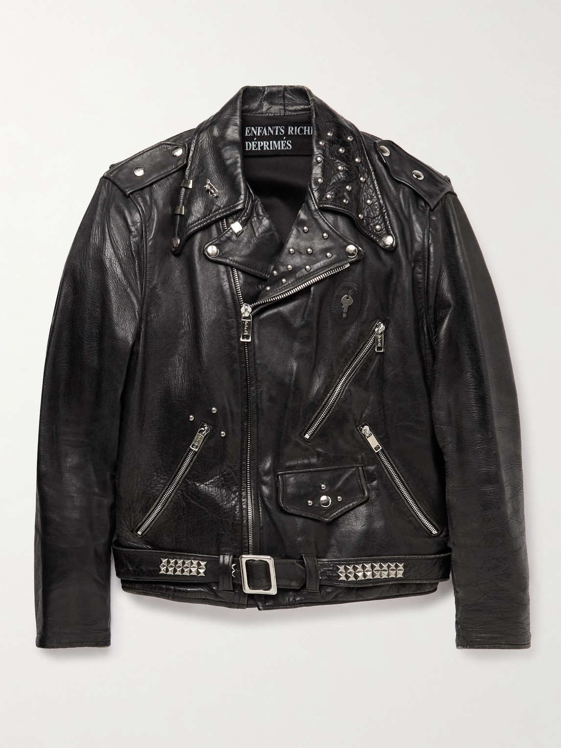 Enfants Riches Deprimes Distressed Embellished Leather Biker Jacket In Black
