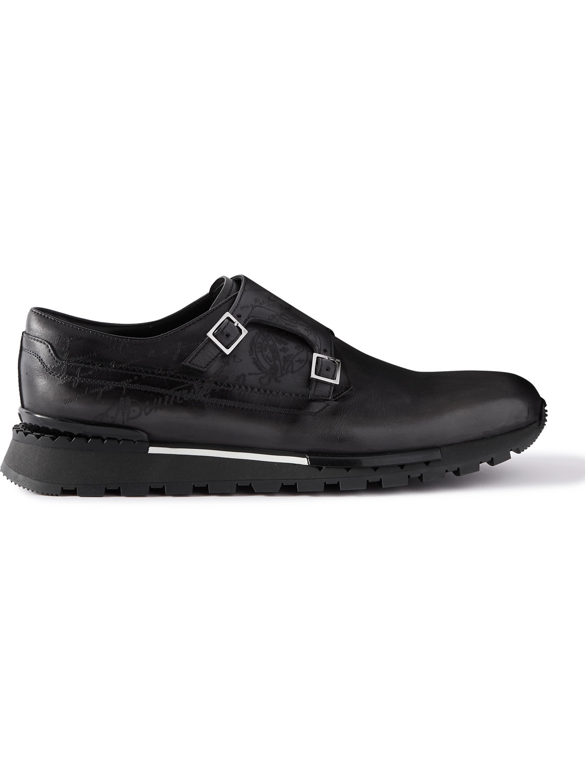 Berluti Fast Track Scritto Venezia Leather Monk-strap Sneakers In Gray