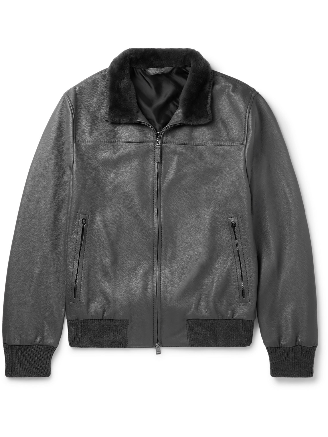 Brioni Shearling-trimmed Full-grain Leather Bomber Jacket In Gray